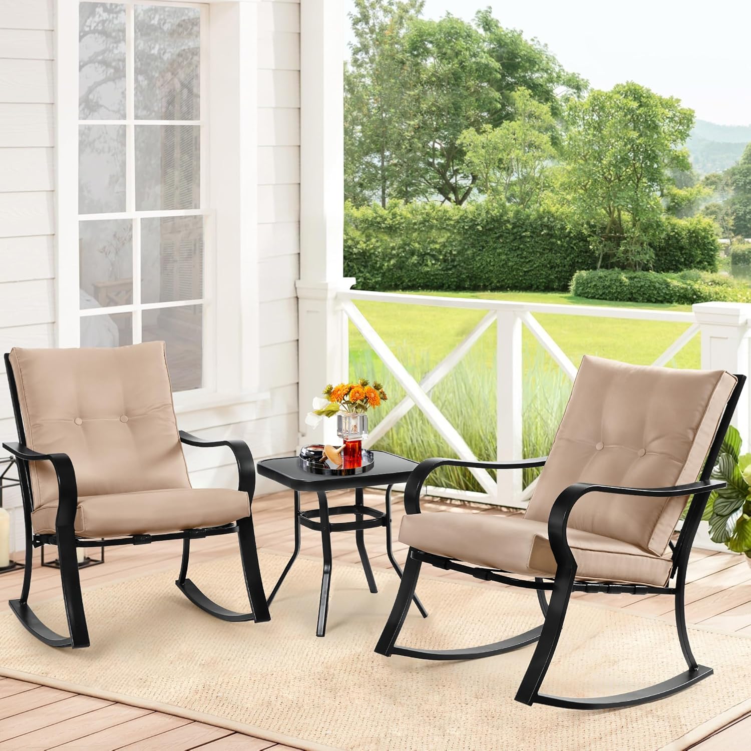 SOLAURA 3-Piece Outdoor Rocking Chairs Bistro Set, Black Iron Patio Furniture with Brown Thickened Cushion & Glass-Top Coffee Table