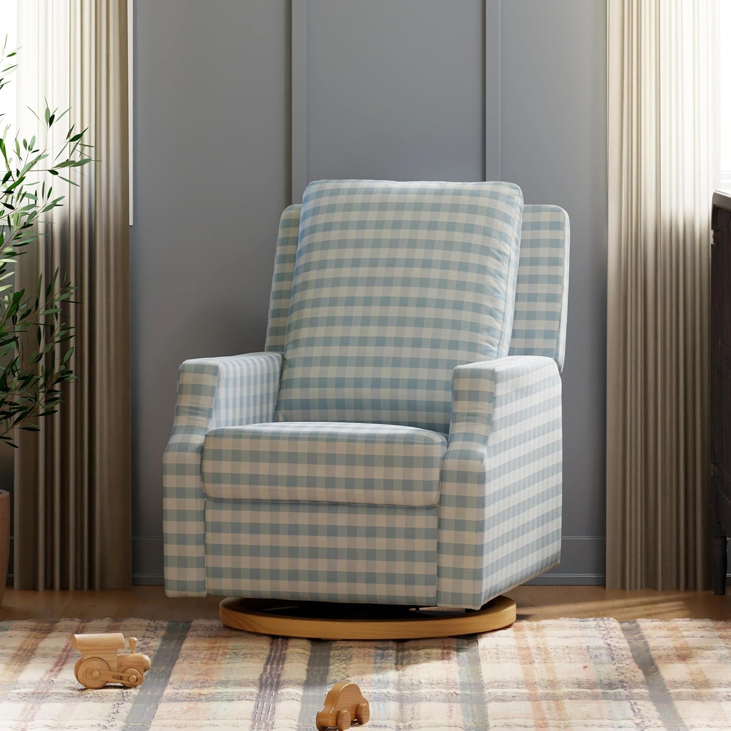 Namesake Crewe Glider Recliner Nursery Chair - GREENGUARD Gold & Certi-PUR US Certified Rocker Recliner - Glider Rocking Chair for Nursery & Living Room - Electronic, 270° Swivel, Blue Gingham