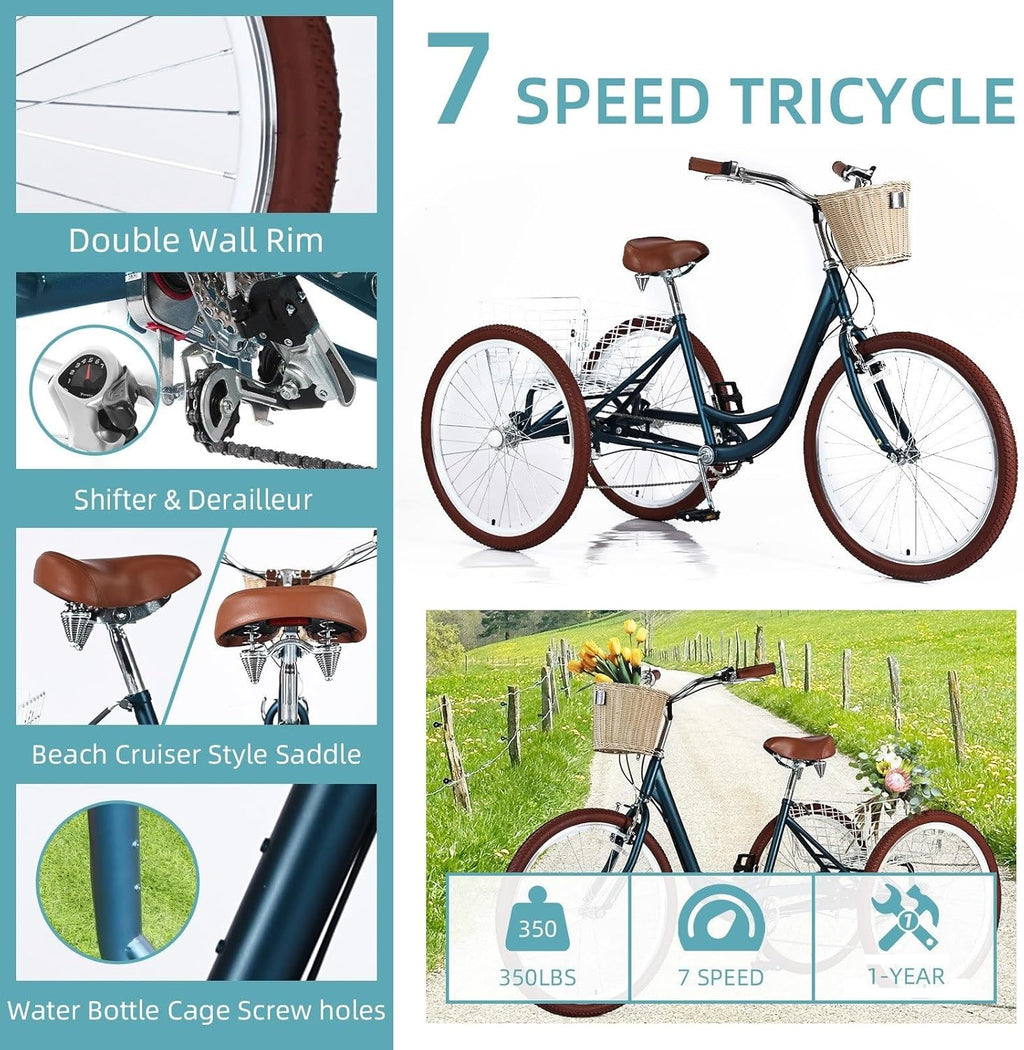 Adult Tricycles for Adults, 7 Speed Adult Trikes, 20/24/26 inch 3 Wheel Bike with Basket, Three-Wheeled Cruiser Bicycles for Women and Men, Without Fenders