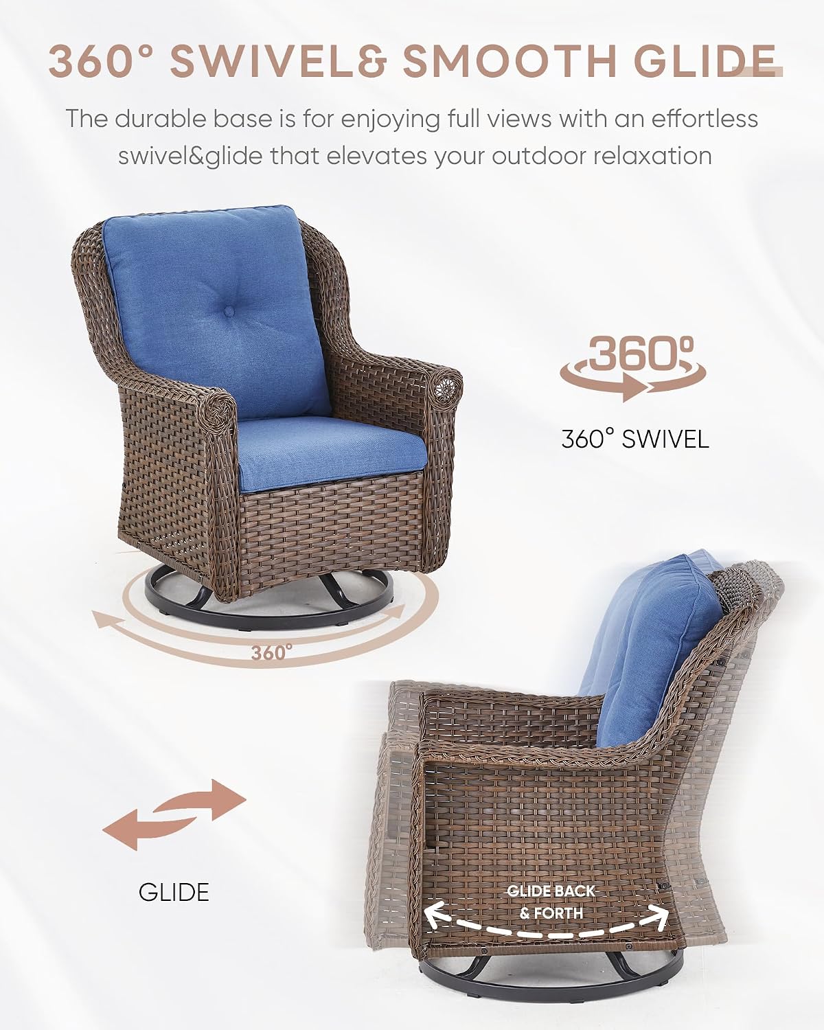 Patio Chairs Outdoor Swivel Glider - Set of 4 High Back Outside Brown Wicker Rattan Rocking Chair with Thick Cushion for Porch Apartment Deck Yard Poolside Garden - Navy Blue