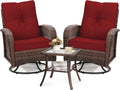 wildformers Luxury Outdoor Swivel Wicker Glider Patio Chairs with Table Set, Overstuffed Washable Cushions, Ideal for Porch, Balcony, Deck, Brown Rattan and Red Cushion