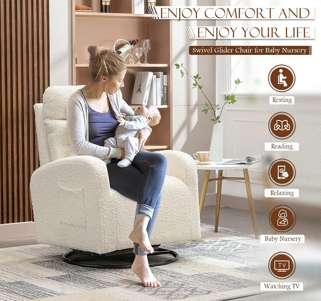 Modern Swivel Glider Chair, Upholstered Accent Glider Rocker for Baby Nursery, Comfy Tall Back Rocking Armchair with Side Pocket and Headrest for Living Room, Bedroom, White Teddy Fabric
