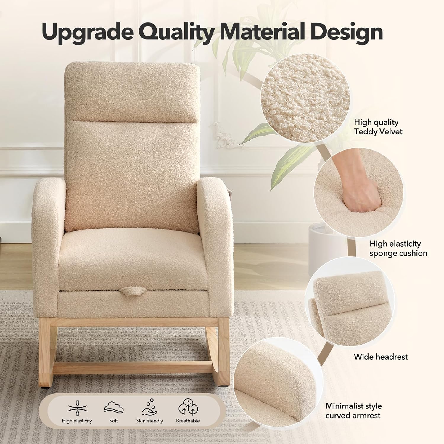Teddy Fabric Nursery Rocking Chair with Adjustable Footrest, Two Side Pockets & Solid Wooden Legs - High Backrest Comfortable Lounge Armchair for Nursery, Living Room, Bedroom（Beige）
