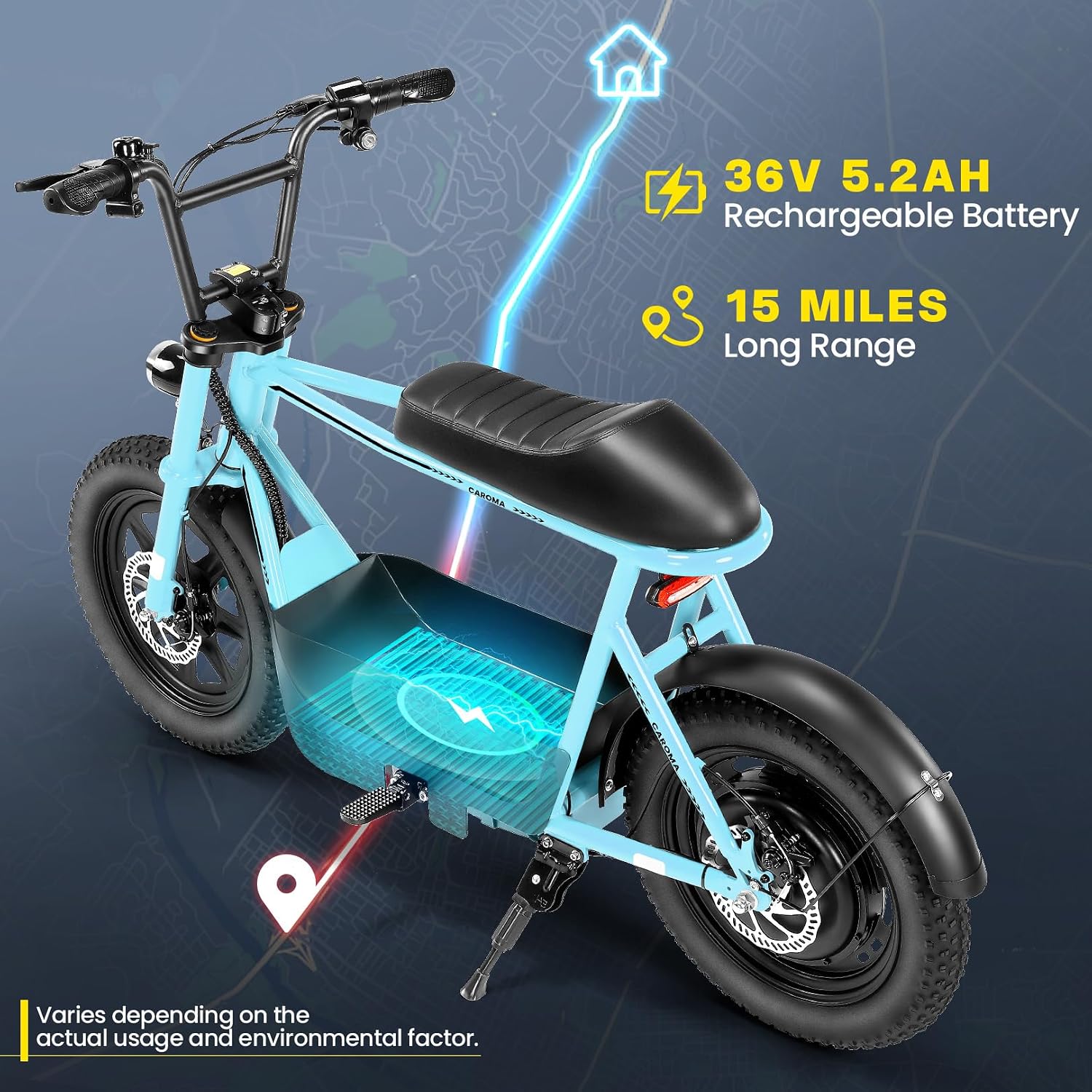 Caroma Peak 1200W/800W/500W Electric Scooter with Seat,16'×3' Fat Tire Ebike All-Terrain,Max 30Miles&20MPH Electric Scooter Adults,Electric Motorcycle Adults with Storage Basket for Pets&Cargo