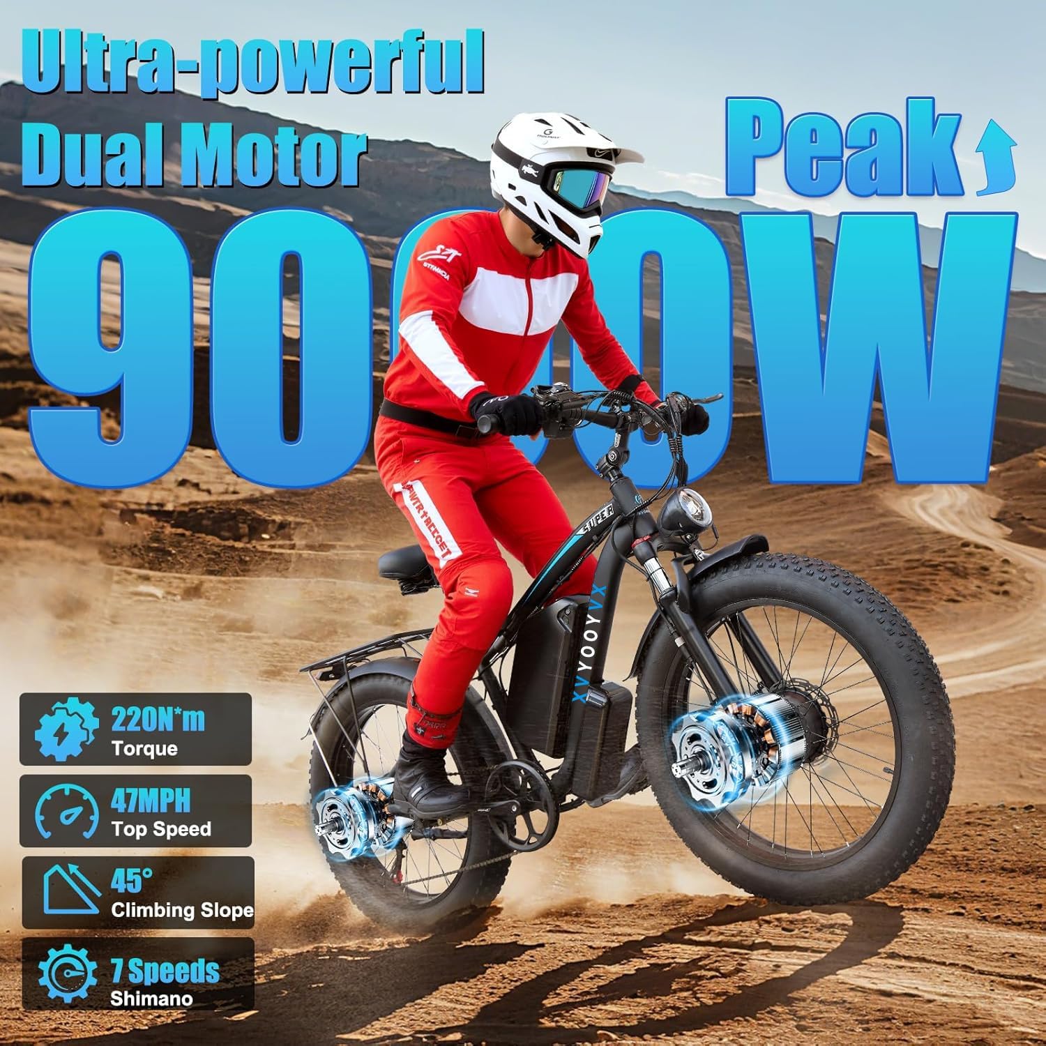 9000W Peak Electric Bike for Adults, 58V Max-Output 1972Wh Dual Motor E-bike, 47MPH Top Speed Fast E-Bike, Up to 105 Miles Long Range,24' x4.0 Fat Tire, Electric Mountain Bicycle for Sand Beach Snow