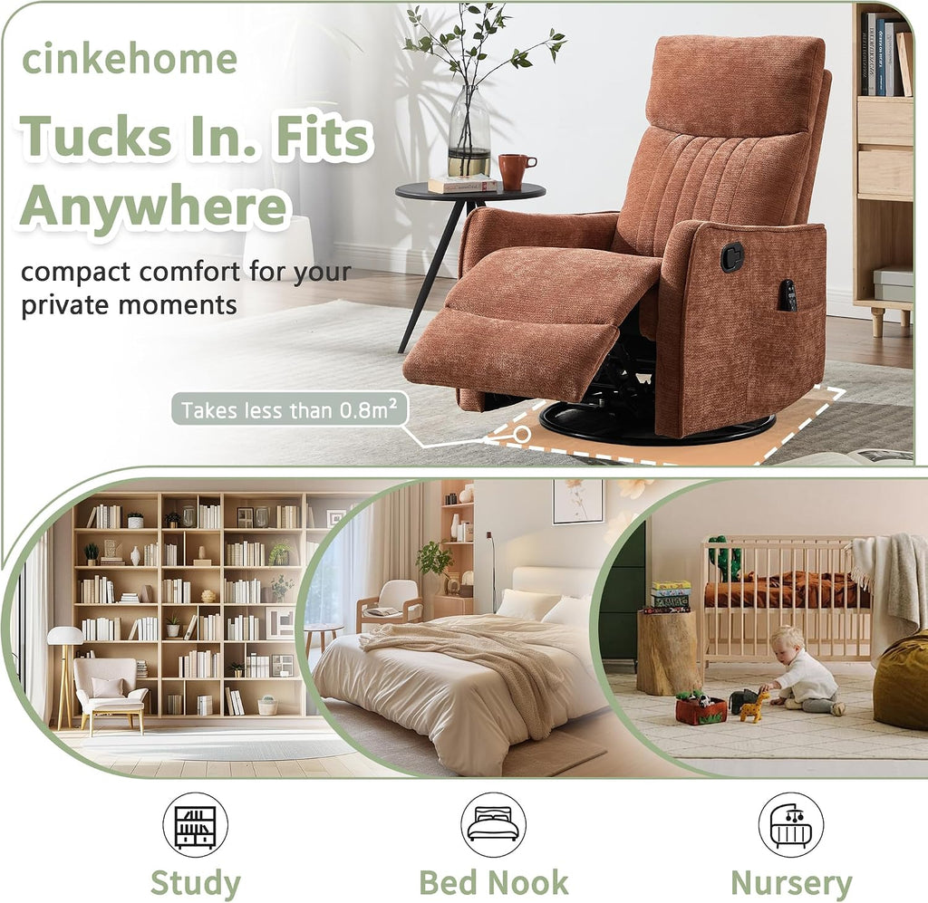 cinkehome Heated Massage Swivel Rocker Recliner Chair for Nursery - Small Space Reclining Chair with Lumbar Support, 360° Swivel & Gentle Rocking, Ergonomic High Back, Orange Chenille