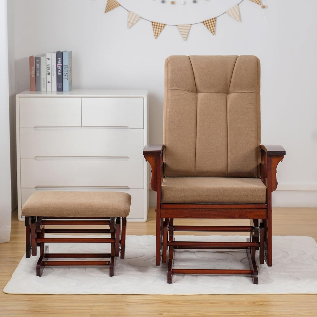 Glider with Ottoman Smooth Glider Rocking Chair, Nursery Glider with Ottoman Smooth Rocking Motion, Solid Hardwood Base, Easy Assembly for Living Room Bedroom (Brown)
