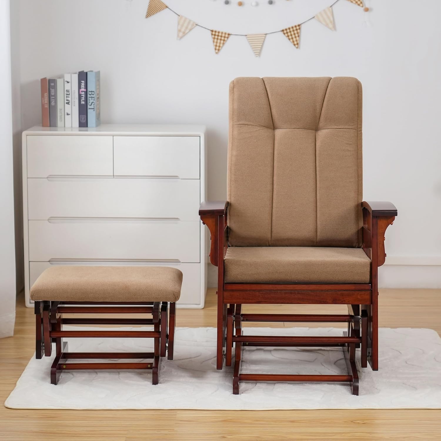 Glider with Ottoman Smooth Glider Rocking Chair, Nursery Glider with Ottoman Smooth Rocking Motion, Solid Hardwood Base, Easy Assembly for Living Room Bedroom (Brown)