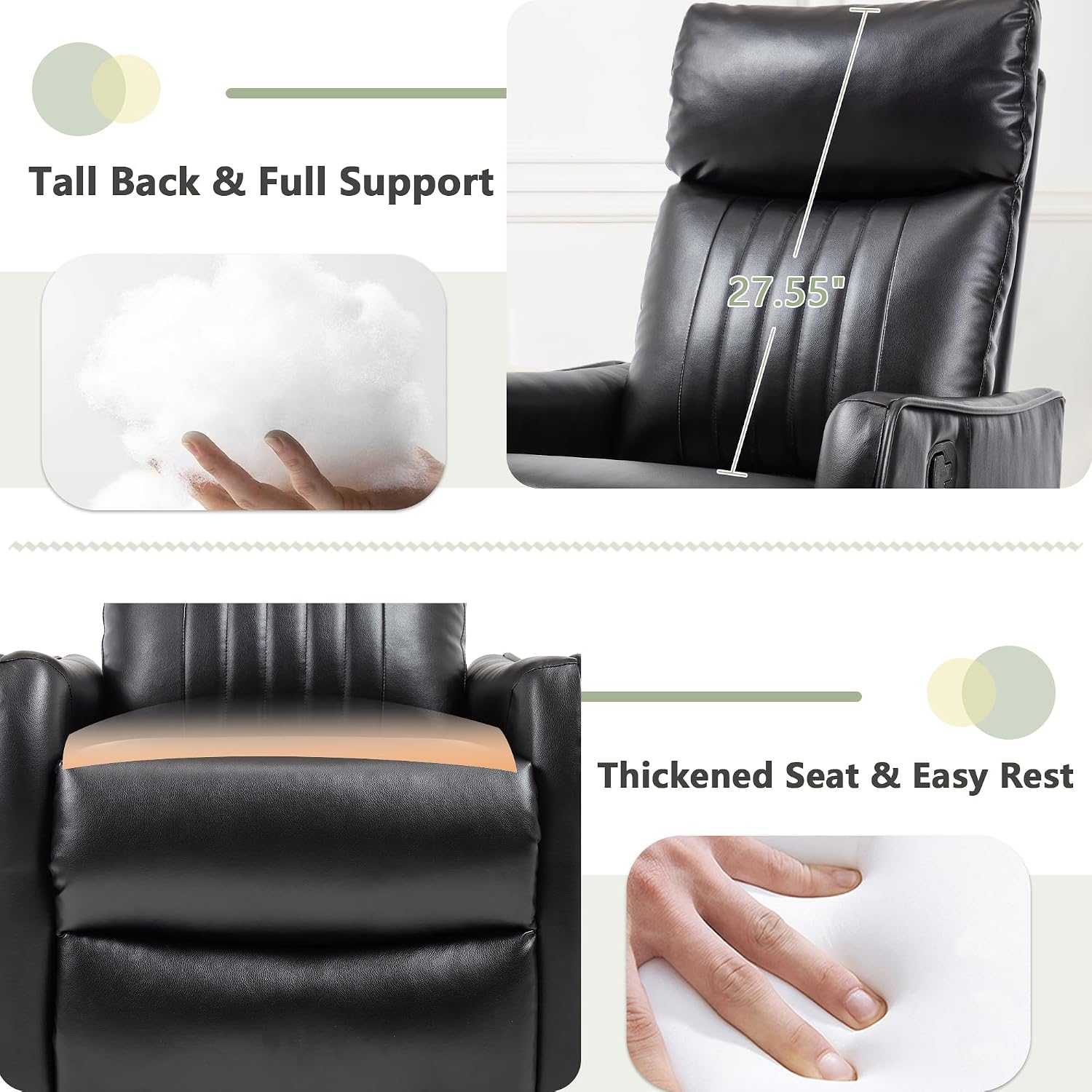 cinkehome Heated Massage Swivel Rocker Recliner Chair for Nursery - Small Space Reclining Chair with Lumbar Support, 360° Swivel & Gentle Rocking, Ergonomic High Back Faux Leather Black