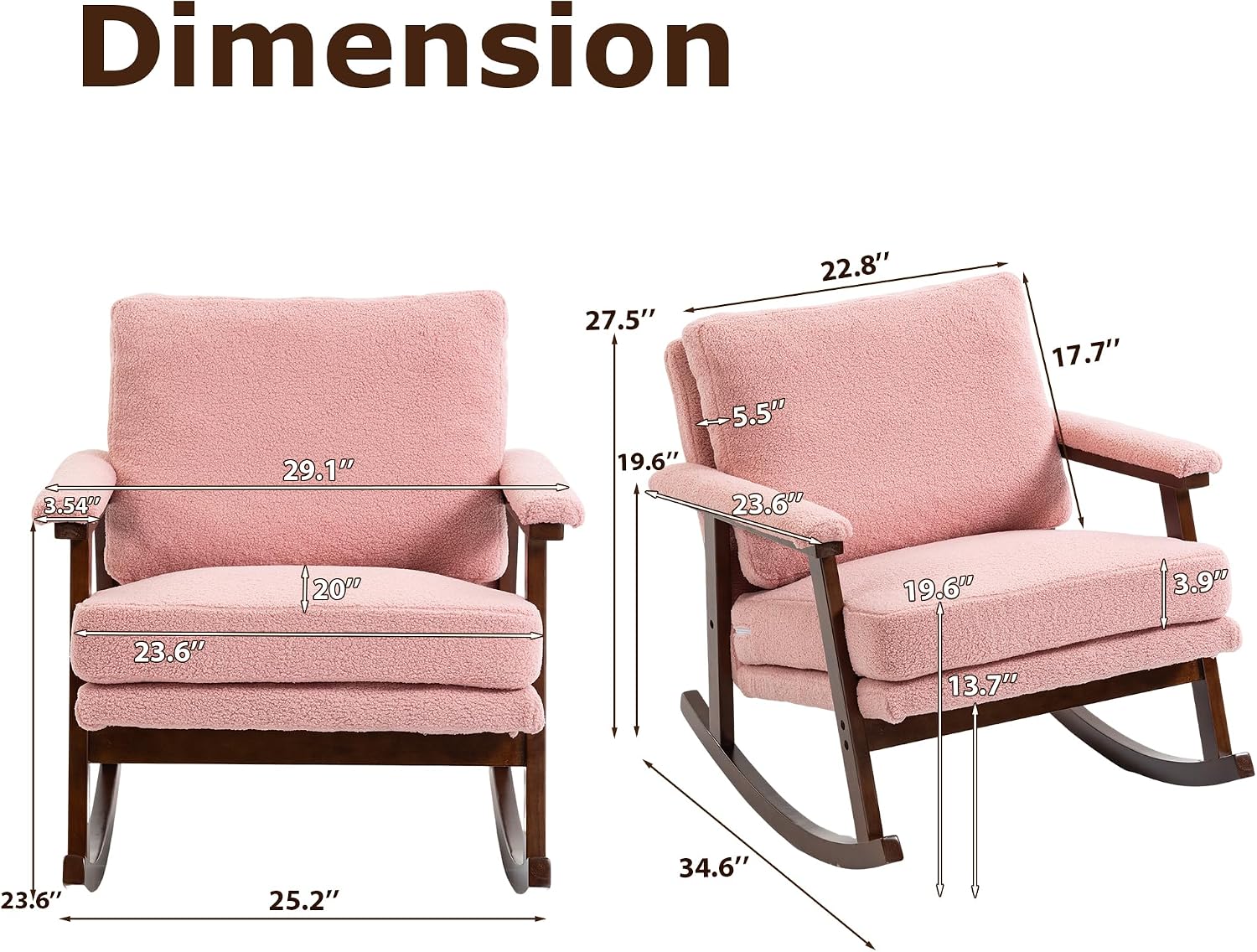 Nursery Rocking Chair Velvet Upholstered Accent Rocker Chair with Backrest Comfy Soft Rocker Glider Solid Rubber Wood Leg for Bedroom Living Room Nursing Room, Pink