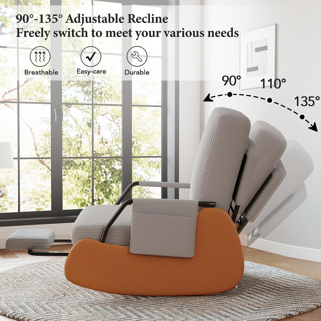Furniliving Modern Glider Rocking Chair, Upholstered Nursery Glider Chair with Adjustable Recline & Retractable Footrest, Comfortable Lounge Chair for Mom Nursery Living Room Bedroom Grey