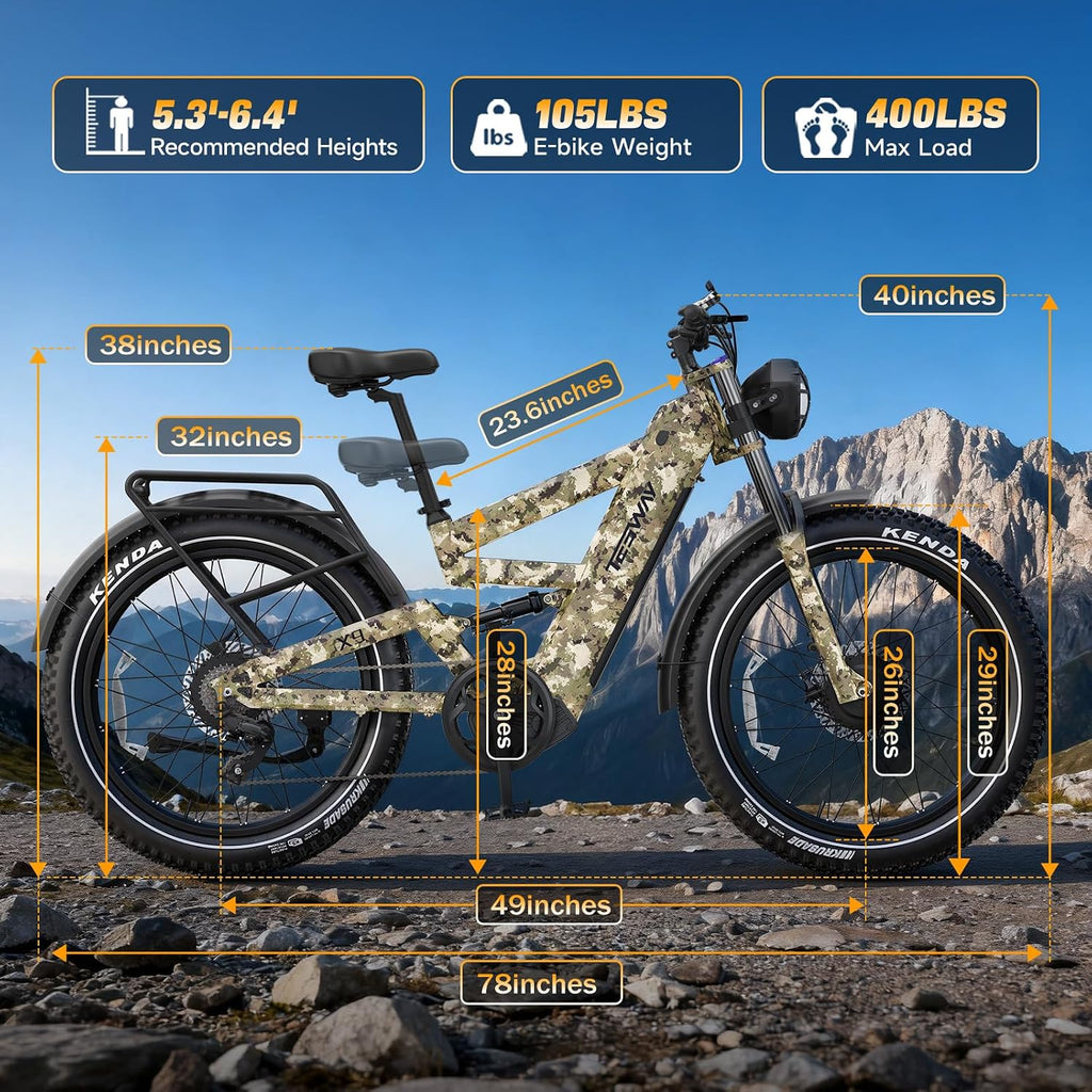 TESWAY X9 Ultra Dual Motor Ebike, 26' Fat Tire Full Suspension AWD Electric Bike for Adults, 4000W 43MPH 240NM, 60V 30Ah(Camo)/25Ah(Other) 120 Miles Long Rang