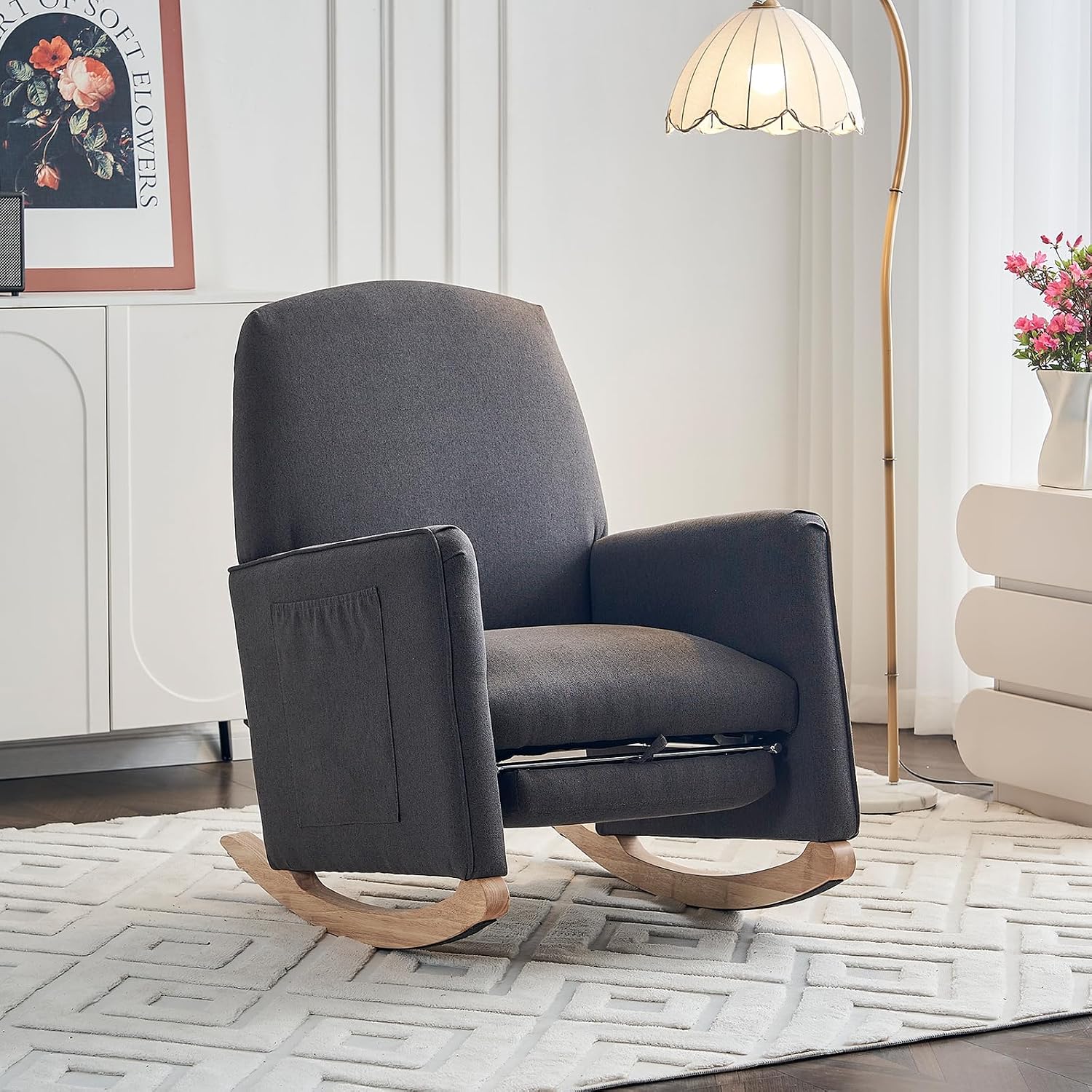 Rocking Chair Nursery with Foot Rest, Nursing Rocking Chair with High Backrest, Glider Rocker Chair for Living Room, Bedroom, Nursery(Cotton Linen Dark Gray)
