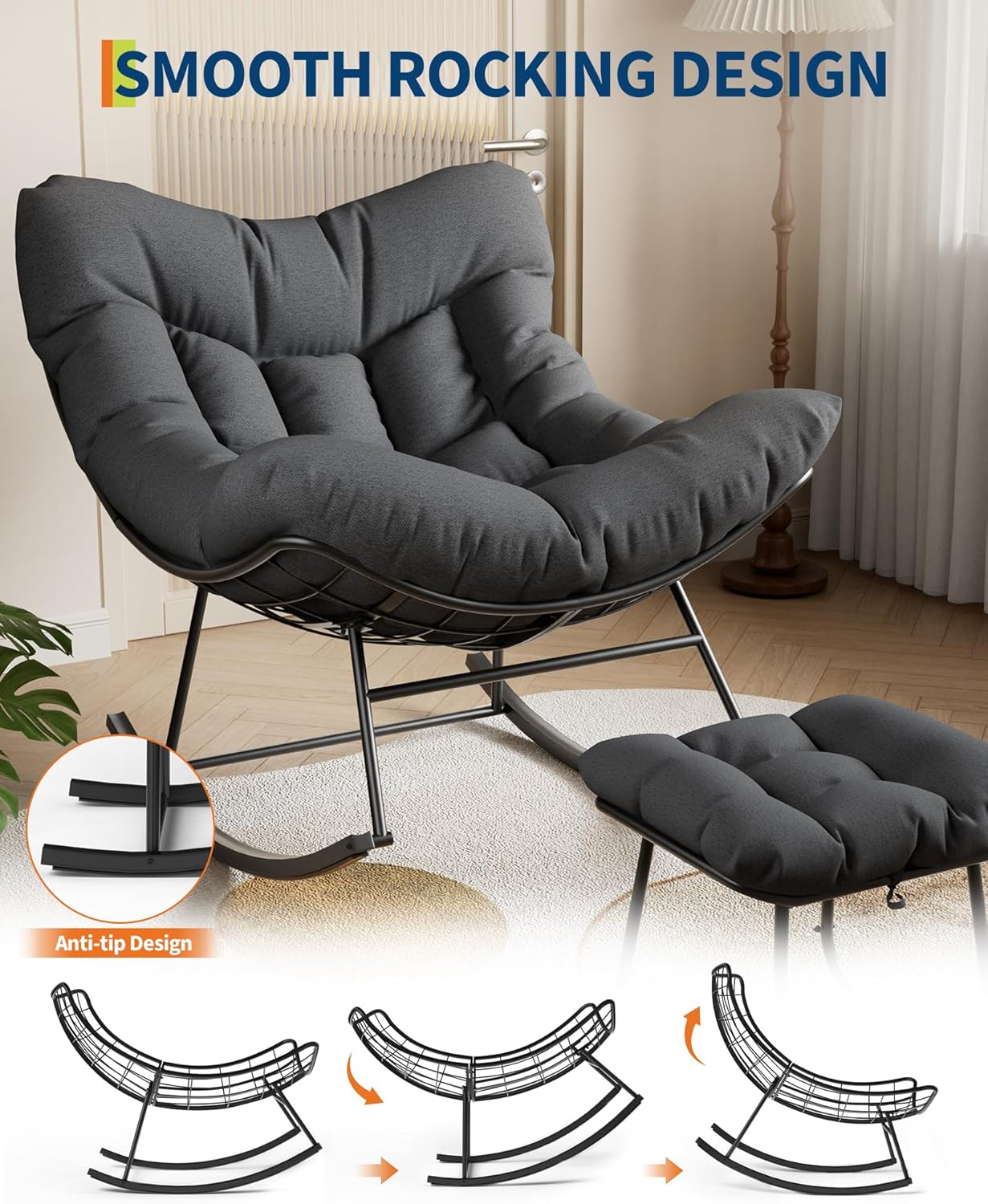 GarveeLife Oversized Papasan Rocking Chair with Footrest, Outdoor Lounge Chair with Ottoman and Sturdy Metal Frame, Patio Rattan Egg Rocker for Balcony Backyard Porch Bedroom, Grey