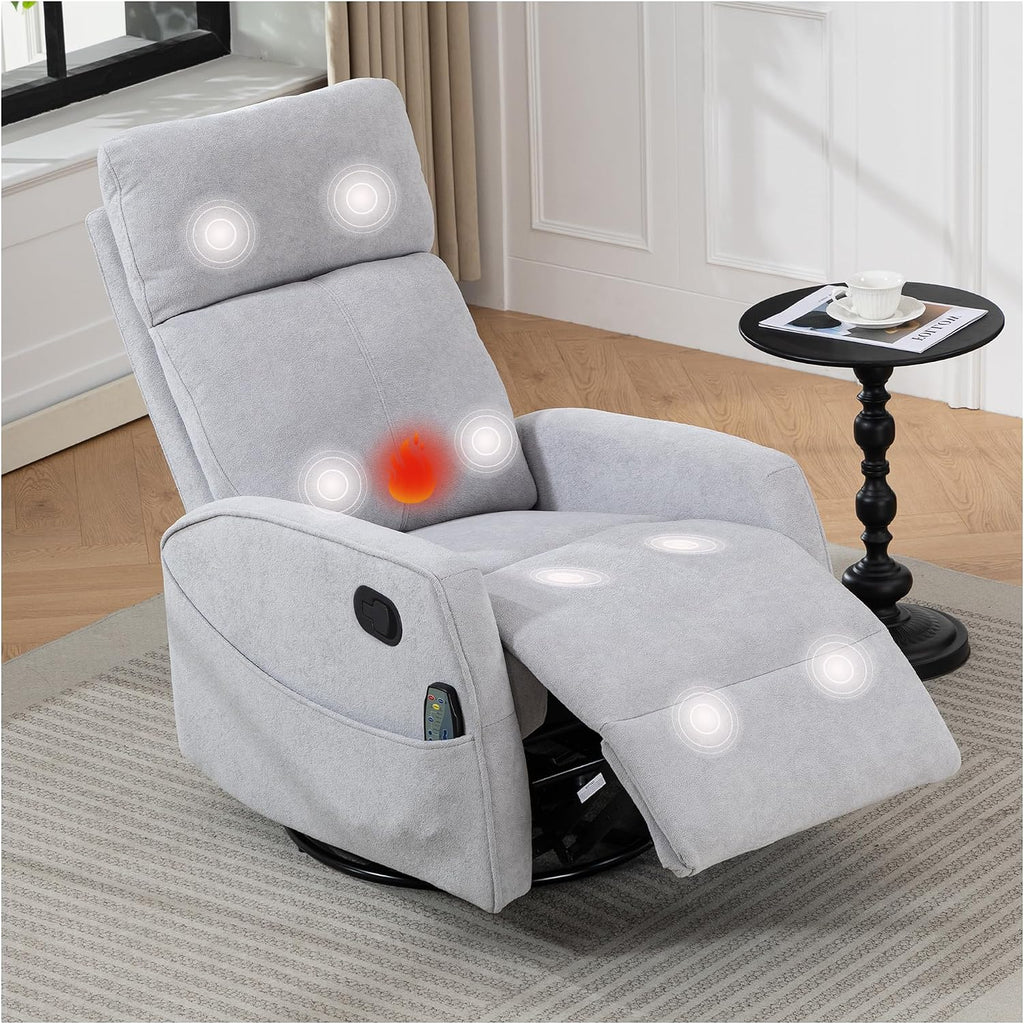 cinkehome Heated Massage Swivel Rocker Recliner Chair for Nursery - Small Space Reclining Chair with Lumbar Support, 360° Swivel & Gentle Rocking, Ergonomic High Back Short Plush Light Grey