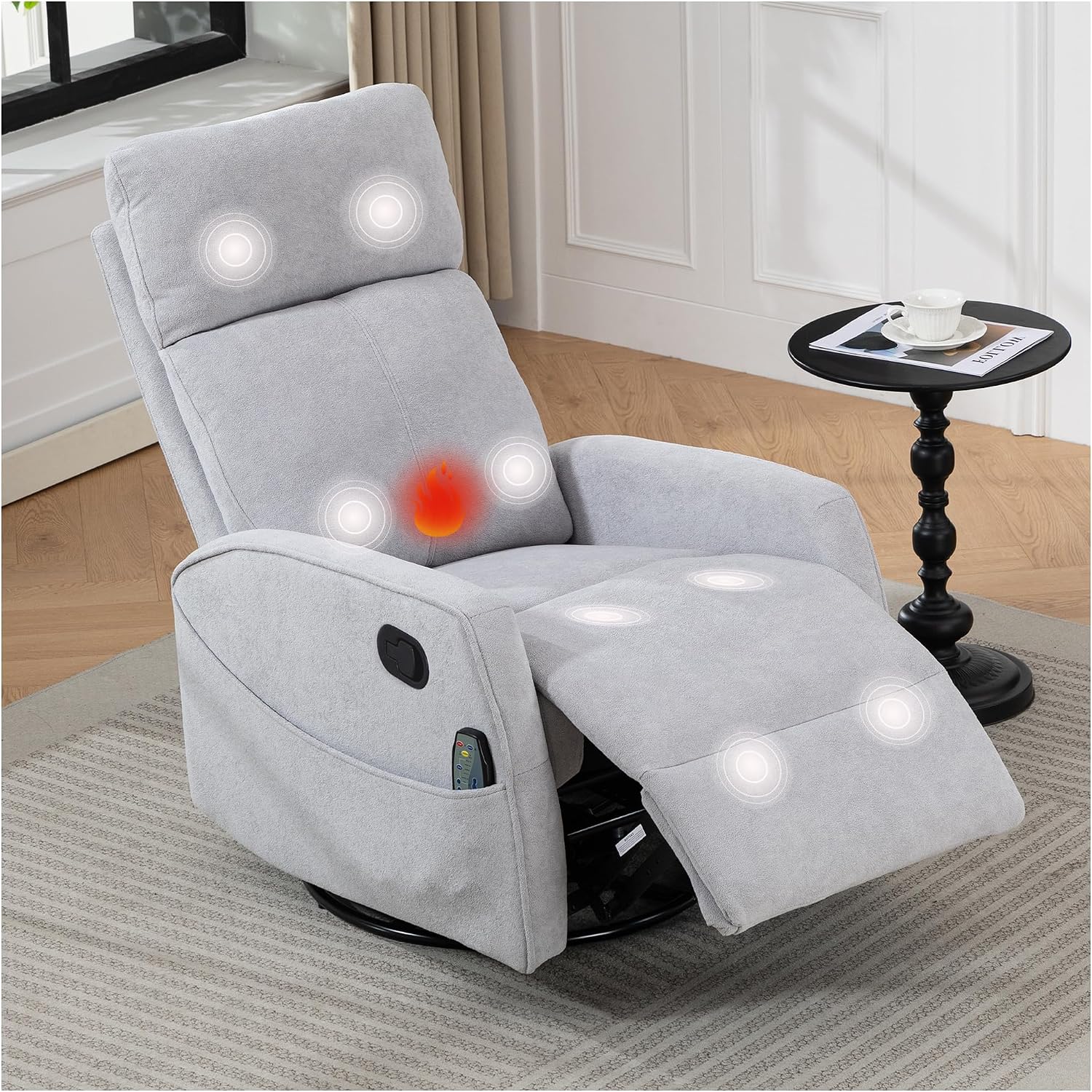 cinkehome Heated Massage Swivel Rocker Recliner Chair for Nursery - Small Space Reclining Chair with Lumbar Support, 360° Swivel & Gentle Rocking, Ergonomic High Back Short Plush Light Grey