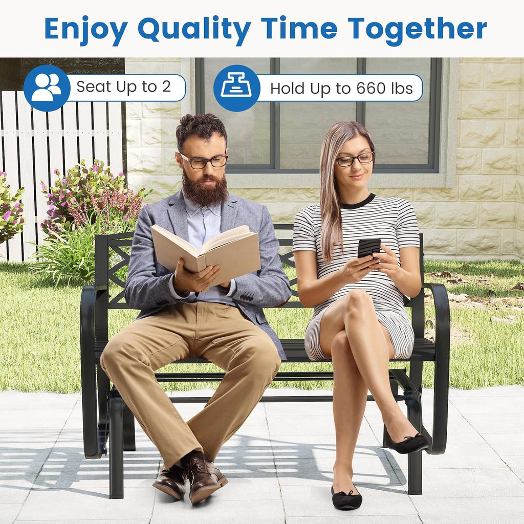 Tangkula 2-Person Outdoor Glider Bench, Patio Rocking Loveseat Chair with Metal Frame, Armrests, Geometric Backrest and Slatted Seat for Porch, Garden, Deck and Backyard