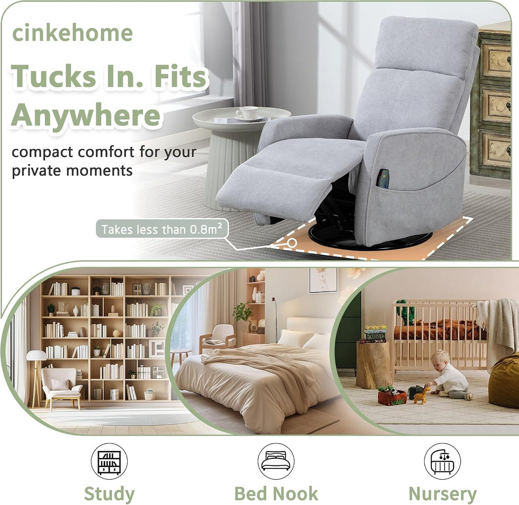 cinkehome Heated Massage Swivel Rocker Recliner Chair for Nursery - Small Space Reclining Chair with Lumbar Support, 360° Swivel & Gentle Rocking, Ergonomic High Back Short Plush Light Grey