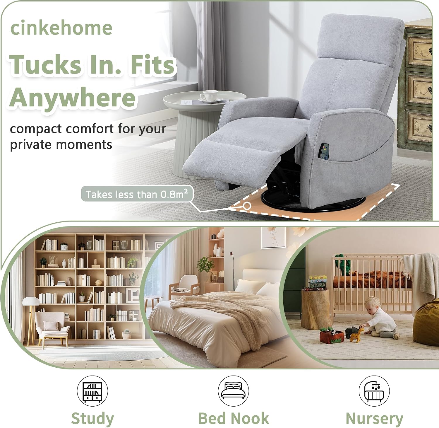cinkehome Heated Massage Swivel Rocker Recliner Chair for Nursery - Small Space Reclining Chair with Lumbar Support, 360° Swivel & Gentle Rocking, Ergonomic High Back Short Plush Light Grey