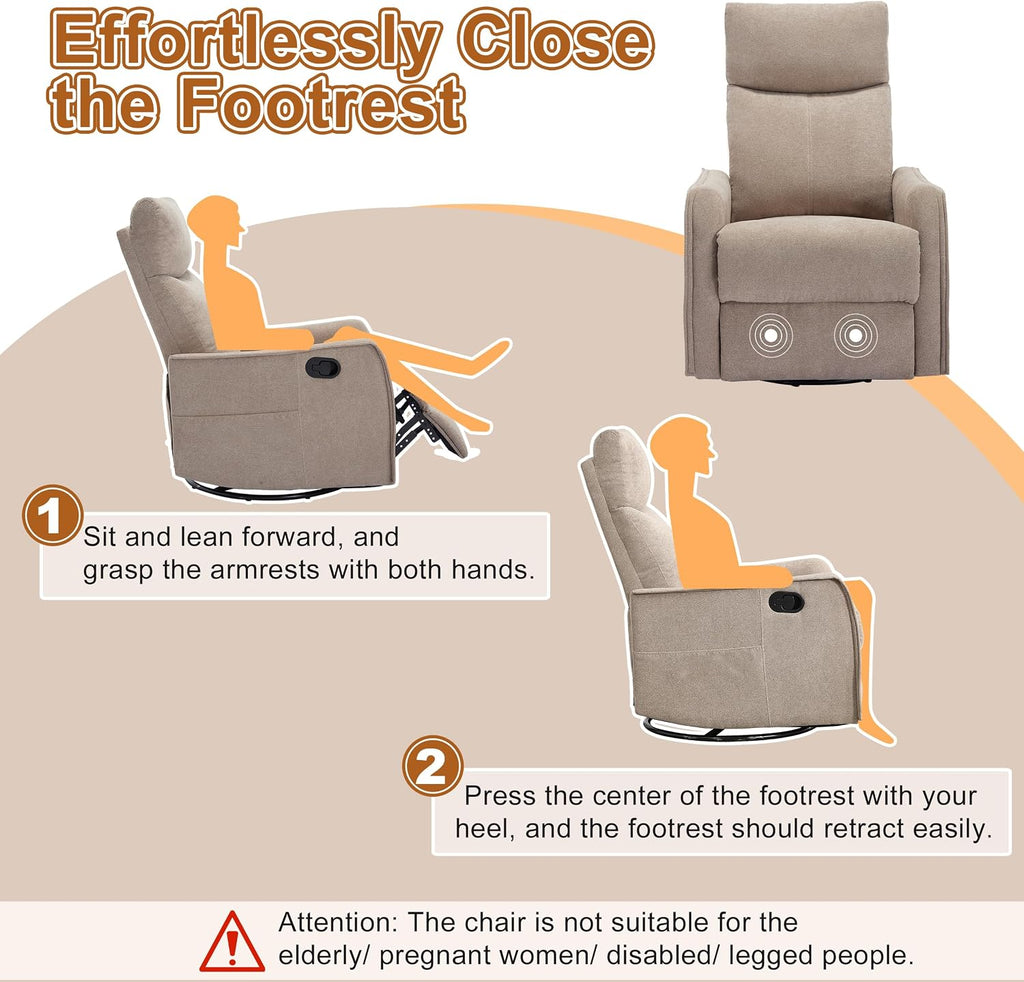 Manual 360° Swivel Rocker Recliner Chair for Adults, Overstuffed Glider Chair for Nursery with Vibration Massage and Heat, Comfy Soft Fabric Glider with Side Pockets for Living Room, Khaki