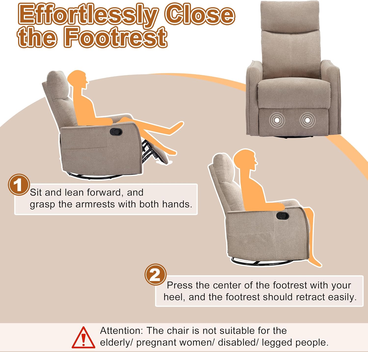 Manual 360° Swivel Rocker Recliner Chair for Adults, Overstuffed Glider Chair for Nursery with Vibration Massage and Heat, Comfy Soft Fabric Glider with Side Pockets for Living Room, Khaki