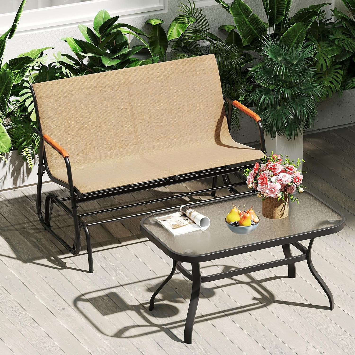 Tangkula 2-Person Outdoor Glider Bench, Patio Gliding Loveseat with Breathable Fabric Seat, Curved Teak Wood Armrests and Metal Frame, Swing Rocking Chair for Backyard, Garden, Porch, Balcony (2 Seat)