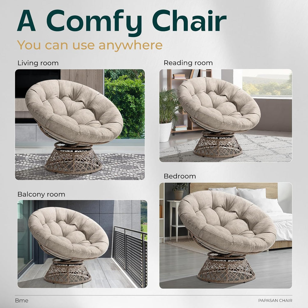 Bme 40' Ergonomic Wicker Papasan Chair with Soft Thick Density Fabric Cushion, High Capacity Steel Frame, 360 Degree Swivel for Living, Bedroom, Reading Room, Lounge, Silver Cloud - Brown Base