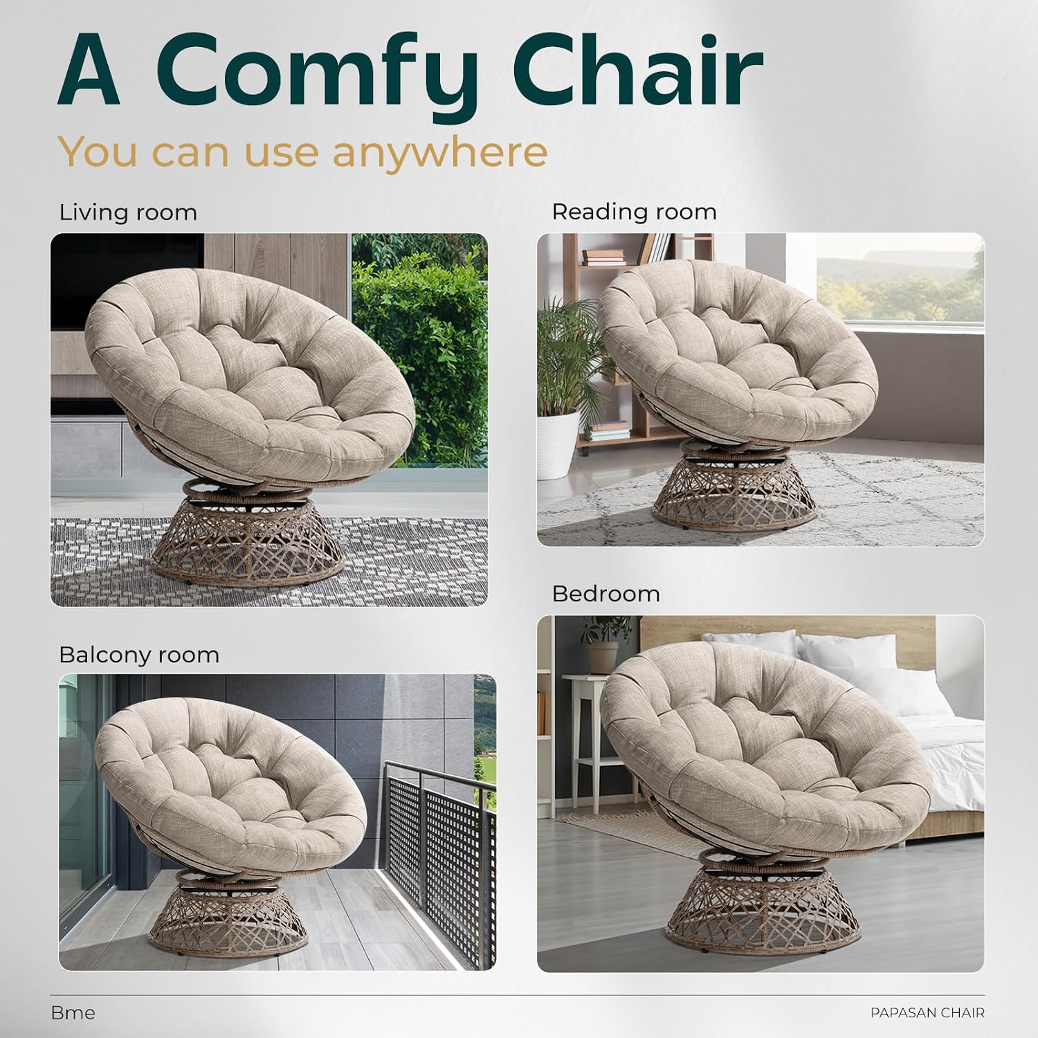 Bme 40' Ergonomic Wicker Papasan Chair with Soft Thick Density Fabric Cushion, High Capacity Steel Frame, 360 Degree Swivel for Living, Bedroom, Reading Room, Lounge, Silver Cloud - Brown Base