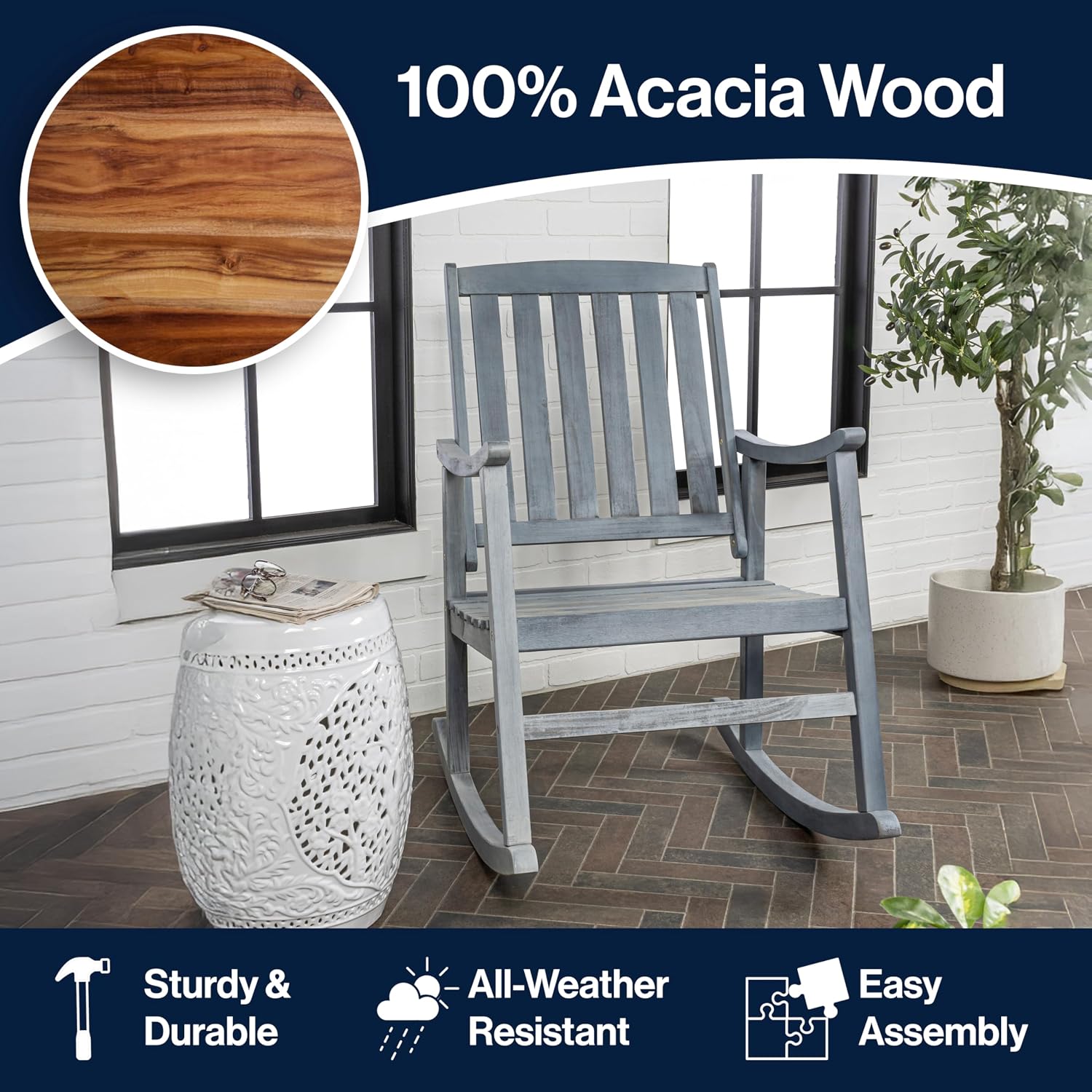 JONATHAN Y RCK102B Penny Classic Slat-Back 300-Lbs Support Acacia Wood Patio Outdoor Rocking Chair for Garden, Lawn, Backyard, Pool, Deck, Beach, Firepit, Gray