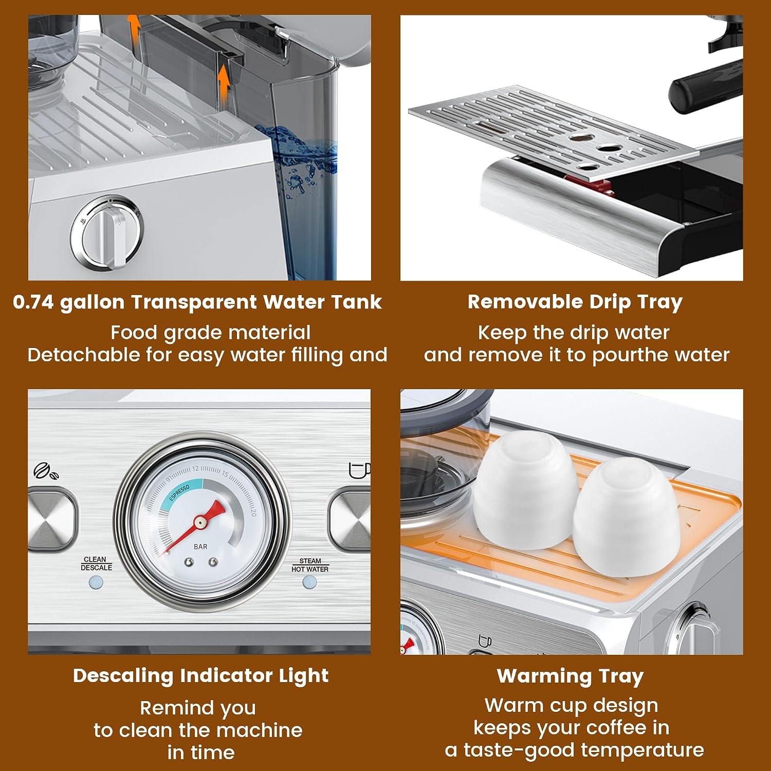 Espresso Machine with Built-in Grinder,Professional 15 Bar Espresso Maker with Milk Frother Steam Wand,Stainless Steel Espresso Coffee Machine with Removable Water Tank for Cappuccino, Latte