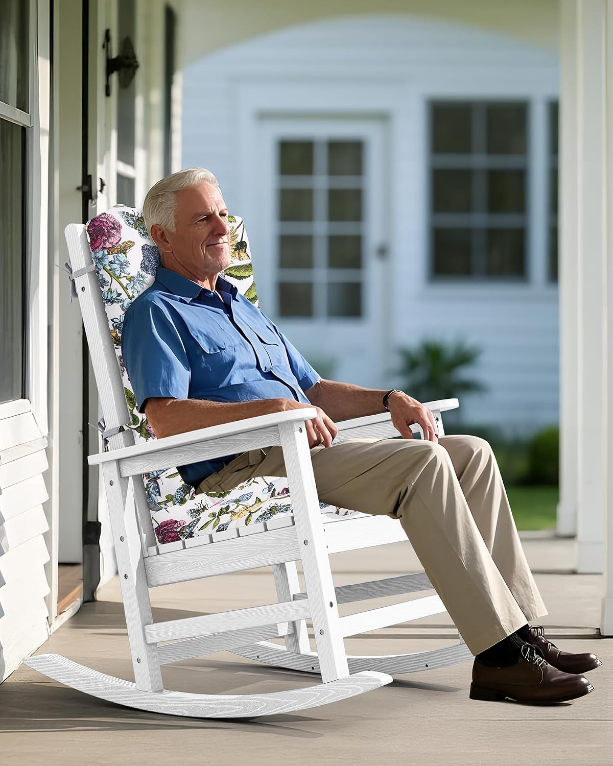 SERWALL SEWALL Oversized Outdoor Rocking Chair with Cushion, Patio Rocking Chairs for Porch, White HDPR Rocker+Flower Cushion
