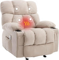 Massage Rocker Recliner Chair with Heat and Vibration Ergonomic Rocking Lounge Chair for Living Room Comfy Overstuffed Recliner with 4 Side Pockets, 2 Cup Holders, Beige