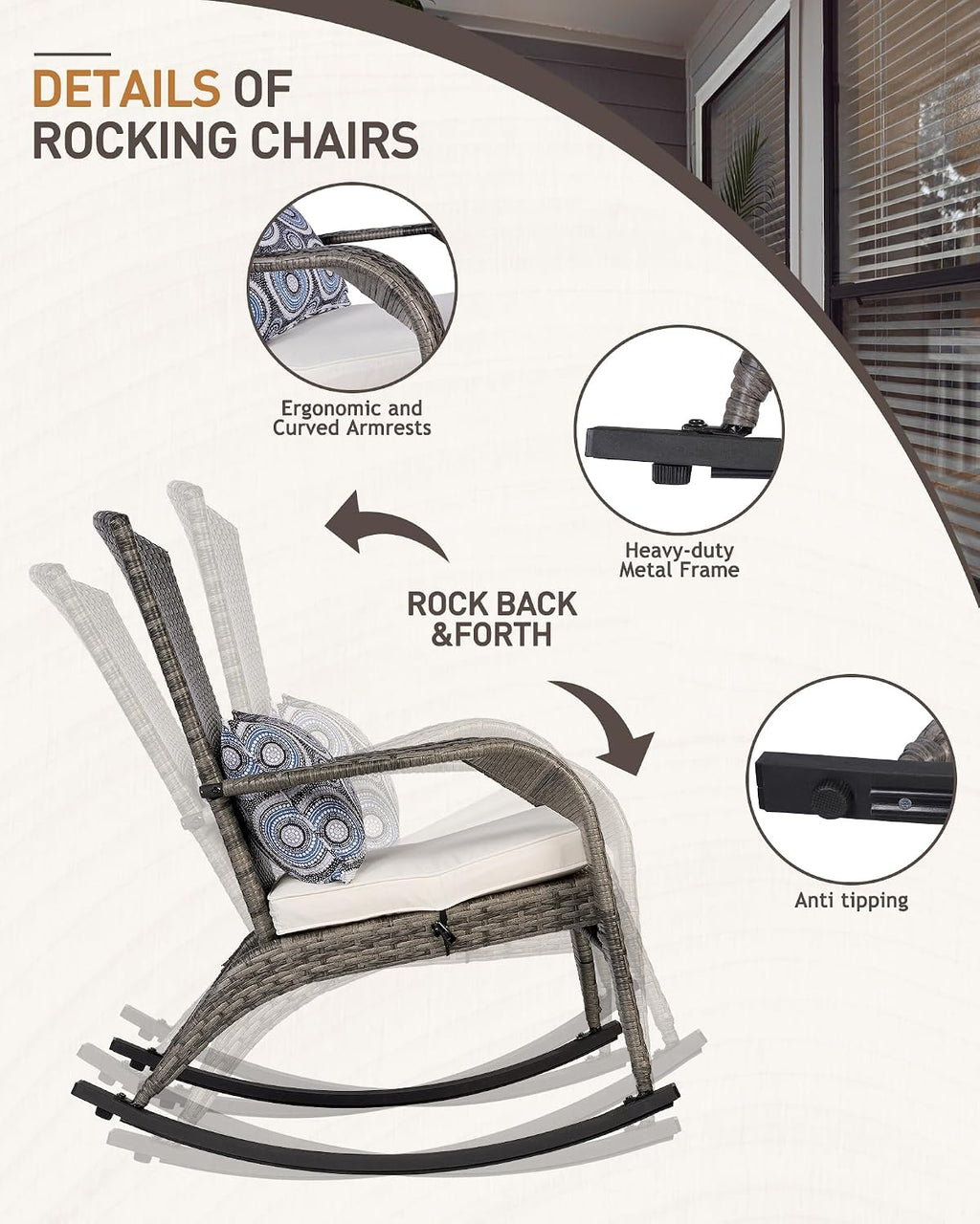 Outdoor Rocking Chair, Patio Rattan Rocker Chair with Cushions & Steel Frame, All Weather Porch Rocking Chair for Garden, Porch, Backyard, Poolside (Grey Rattan & Beige Cushion, 320lbs)