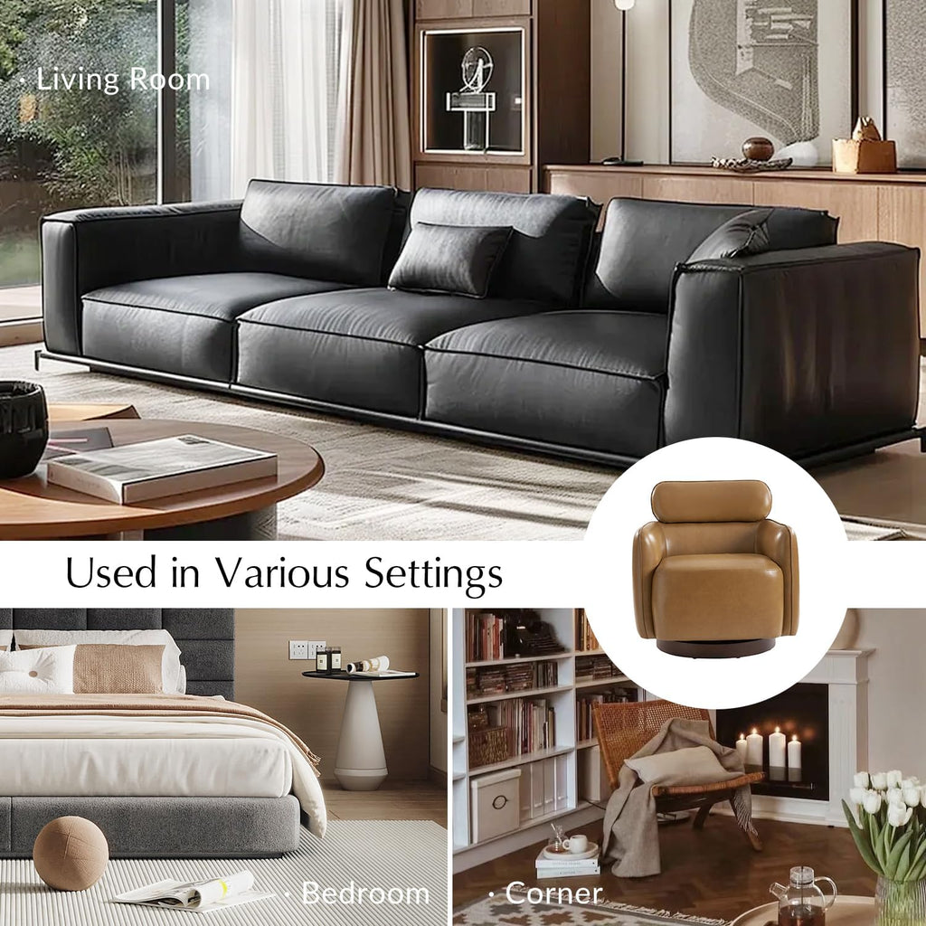 HULALA HOME Genuine Leather Swivel Rocker Chairs Set of 2, Swivel Rocking Barrel Chairs with Wooden Base, Modern Leather Accent Chairs for Living Room, Easy Assembly, Camel
