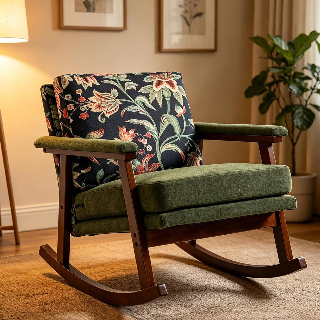 Nursery Rocking Chair Velvet Upholstered Accent Rocker Chair with Flower Pattern Comfy Soft Rocker Glider Solid Rubber Wood Leg for Bedroom Living Room Nursing Room, Green