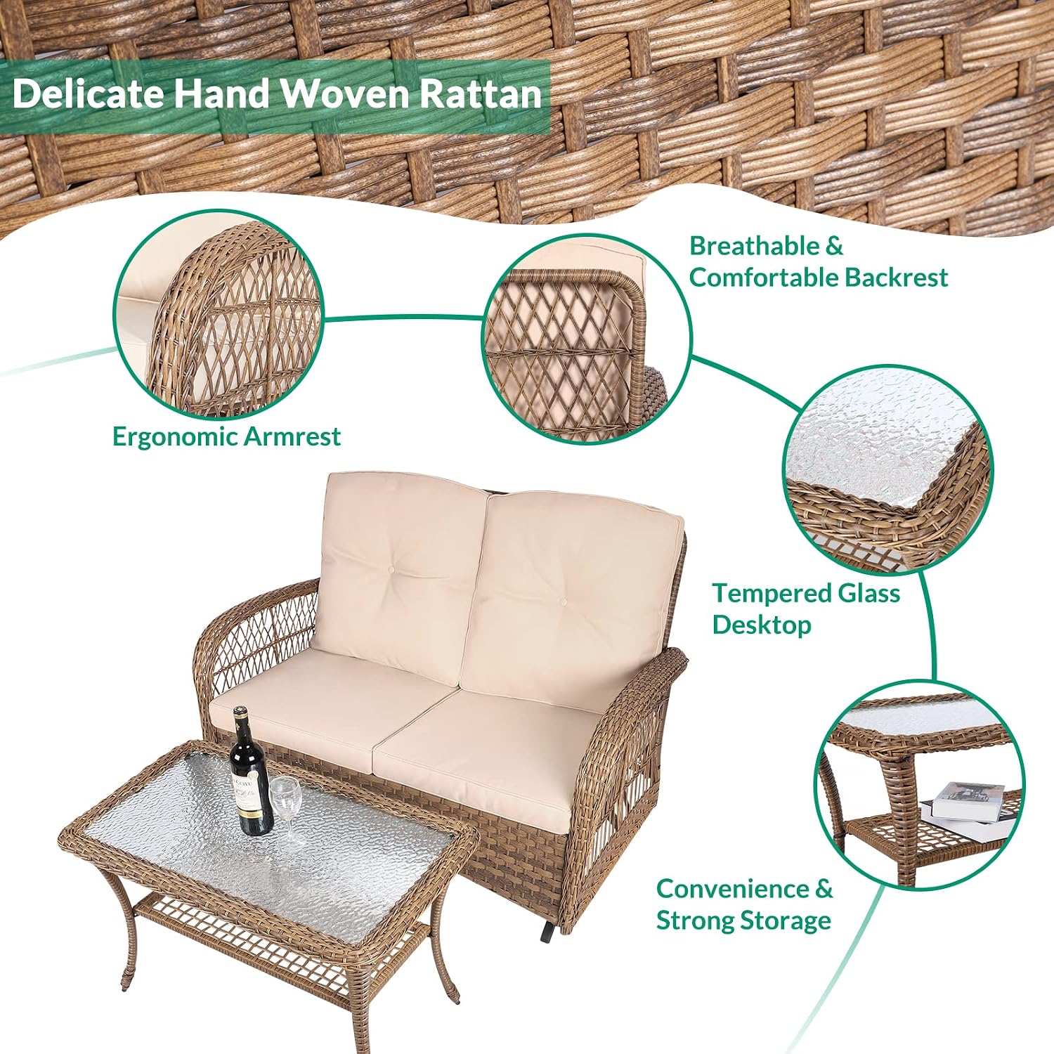 VIVIJASON 2-Piece Patio Wicker Loveseat Glider Set Cushioned, Outdoor Conversation Furniture Sets with 2-Seater Glider Rocking Bench, Coffee Table and Cushions for Porch Garden Poolside, Light Brown