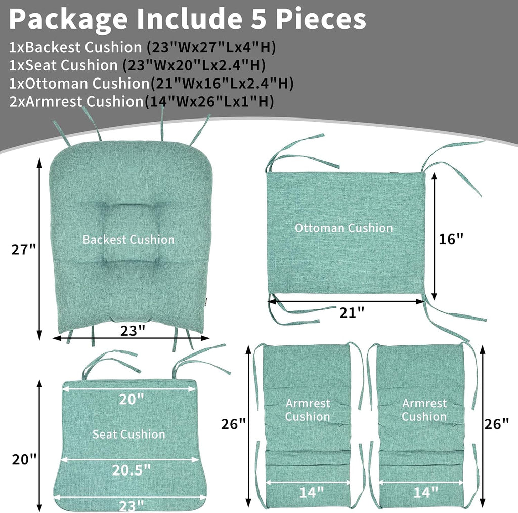 BUYUE Glider Rocker Replacement Cushion 5 PCS with Ties, Linen High-Density Foam Non-Slip & Washable Rocking Chair Pads for Sitting, Light Green
