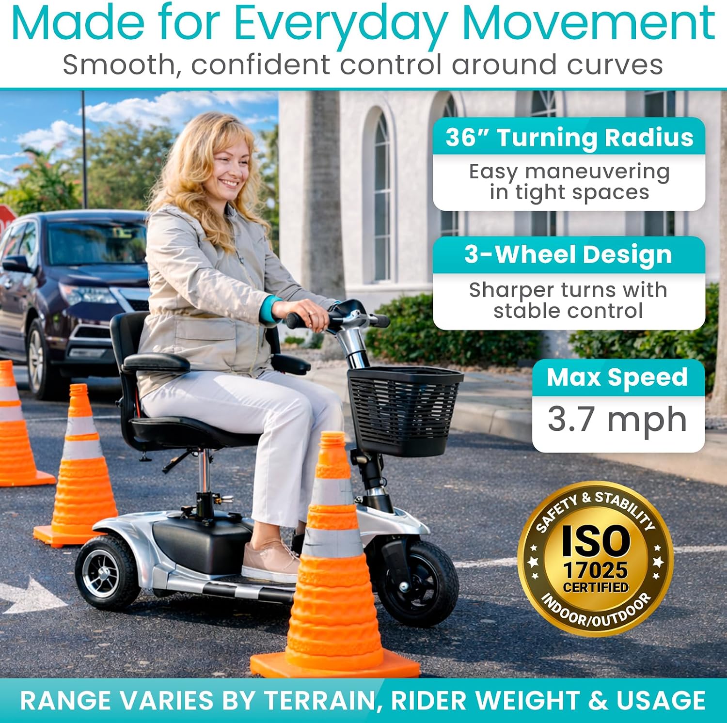 Vive 3 Wheel Mobility Scooter - Electric Powered Mobile Wheelchair Device for Adults - Folding, Collapsible and Compact for Travel - Long Range Power Extended Battery with Charger and Basket Included