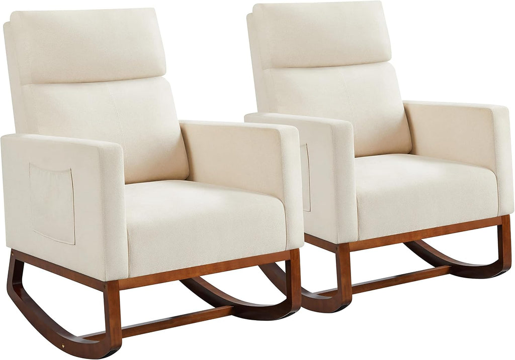Yaheetech Rocking Chair Nursery Upholstered Glider Chair with Rubber Wood Legs Side Pocket, Rocking Accent Armchair High Back for Living Room Bedroom, Beige, 2pcs