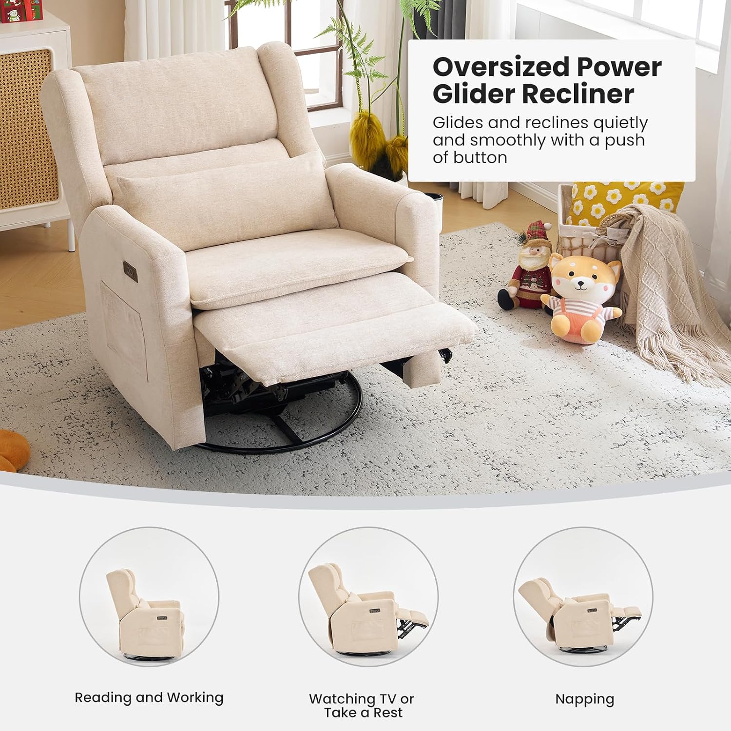 Oversized Swivel Rocker Recliner with Adjustable Headrest, 26' Extra Wide Glider Recliner Nursery Chair with Double Cushion, Chenille Glider Rocking Chair for Living Room,Cup Holder,Beige
