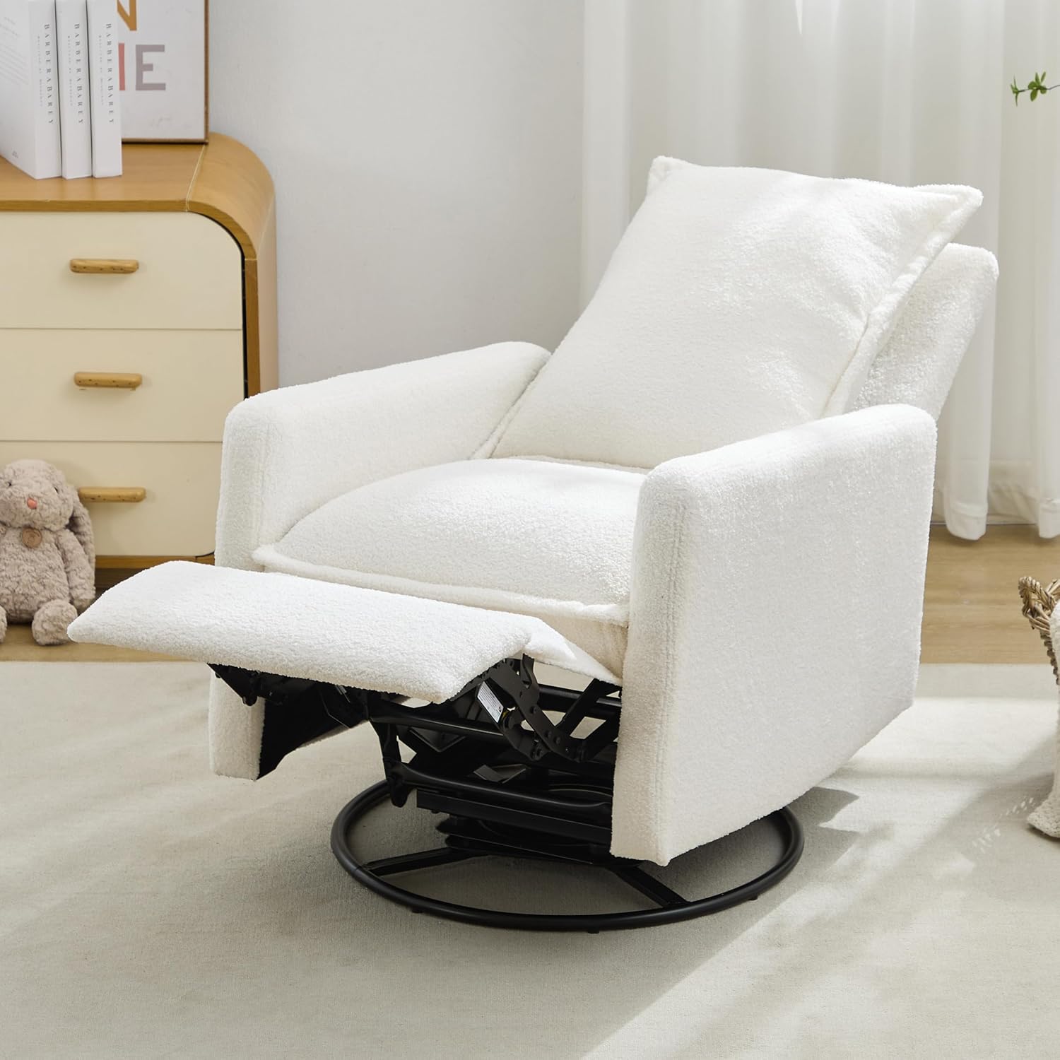 JIVOIT Modern Swivel Rocker Recliner Chair, Linen Fabric Glider Rocker Recliner, Rocking Chair Nursery with Backrest and Footrest, Single Reclining Sofa for Living Room Bedroom Apartment (White/68)