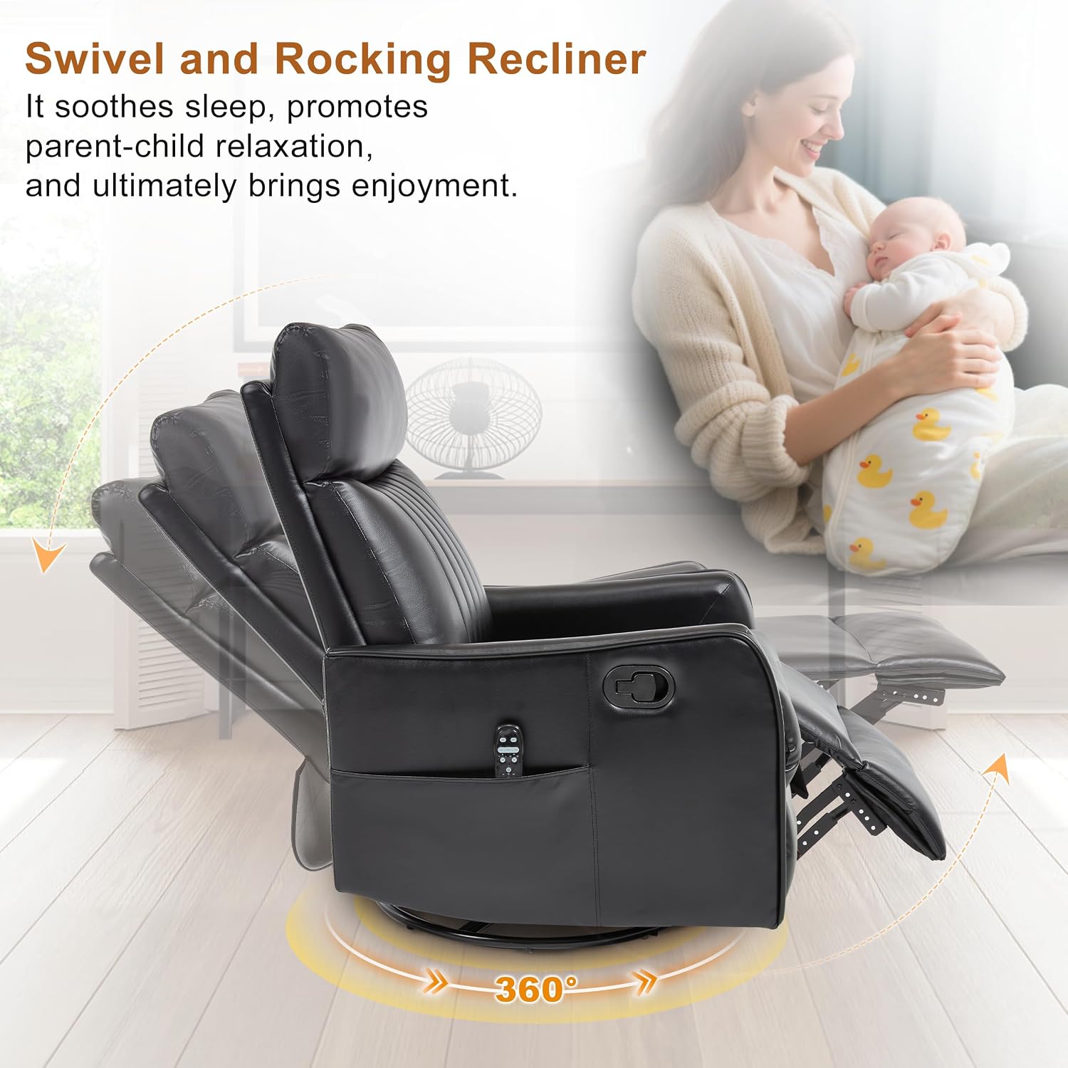 Manual Swivel Rocker Recliner Chair for Adults, Overstuffed Recliner Glider with Massage and Heat, Living Room Reclining Chair, PU Leather Black