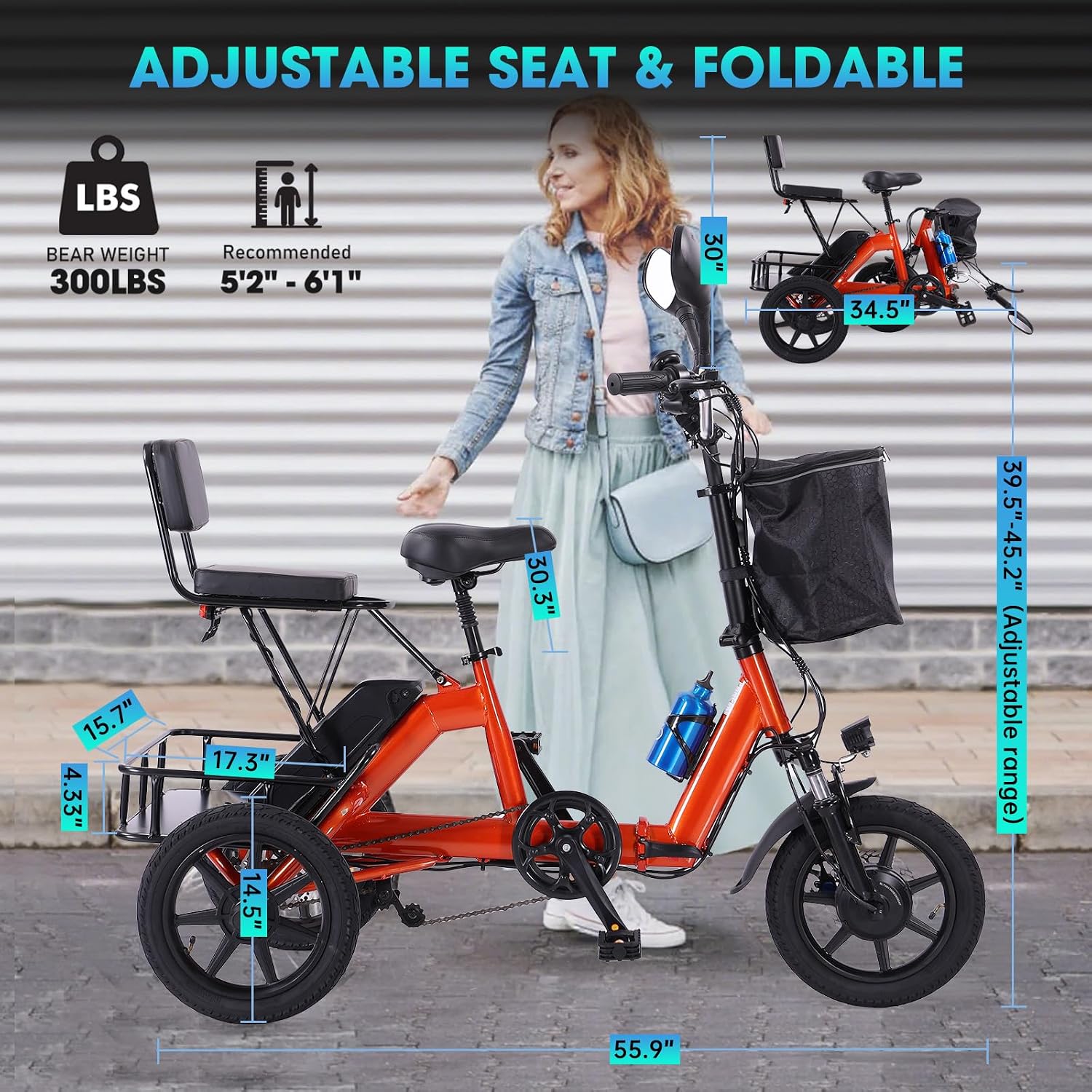 E Trike Electric Bike, 350W(Peak 500W) Brushless Motor Folding Trike, 2 Seats Ebike, 480Wh Removable Battery, Step-Thru 3 Wheel Electric Bicycle, Up to 45 Miles, Tricycle for Adults Parents