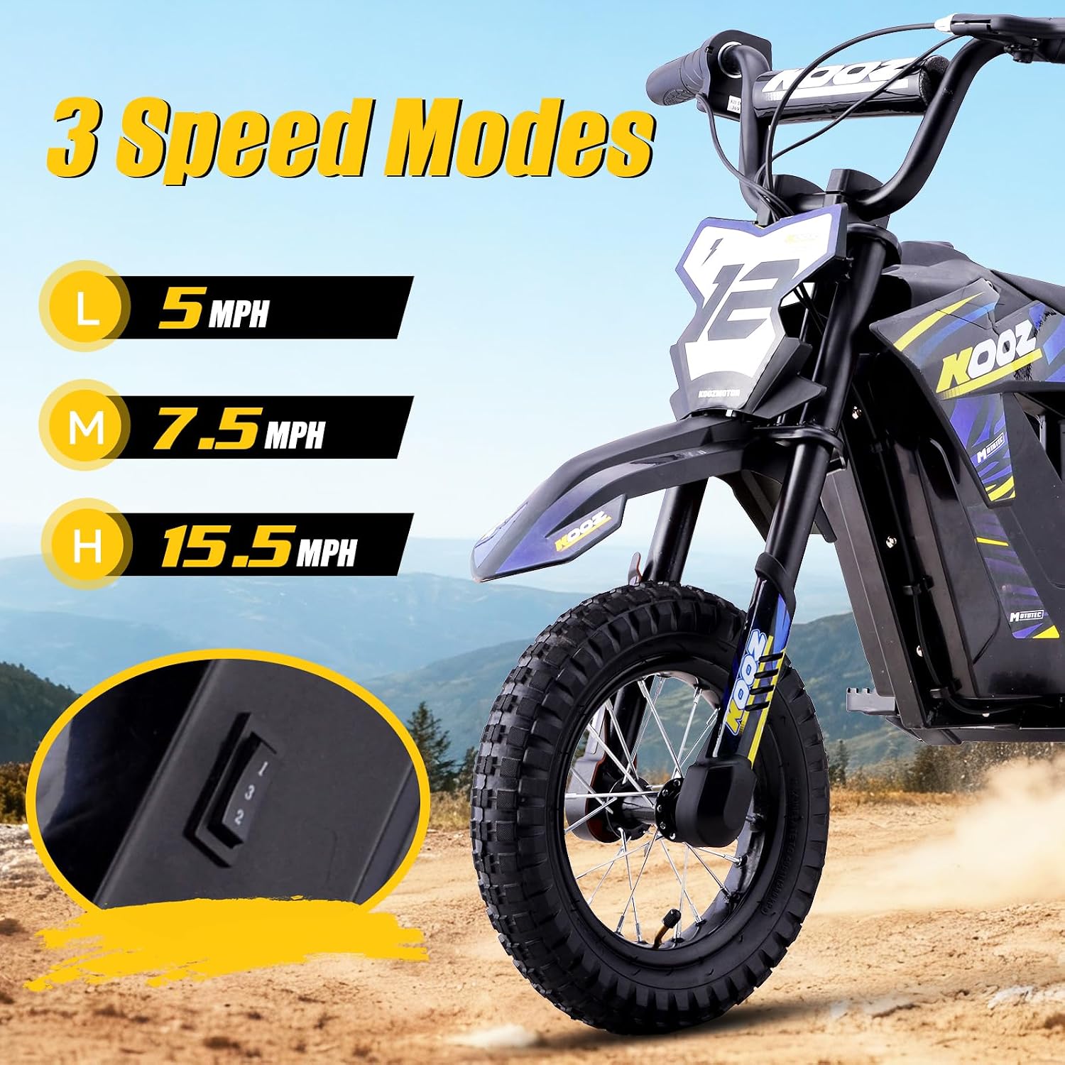KOOZ 36V 300W Electric Dirt Bike for Kids - 3 Speed Modes Electric Motorcycle Up to 15.5 MPH & 14 Miles Long-Range, Shock Absorber & Rear Brake, 12' Sturdy Tire Gift for Kids