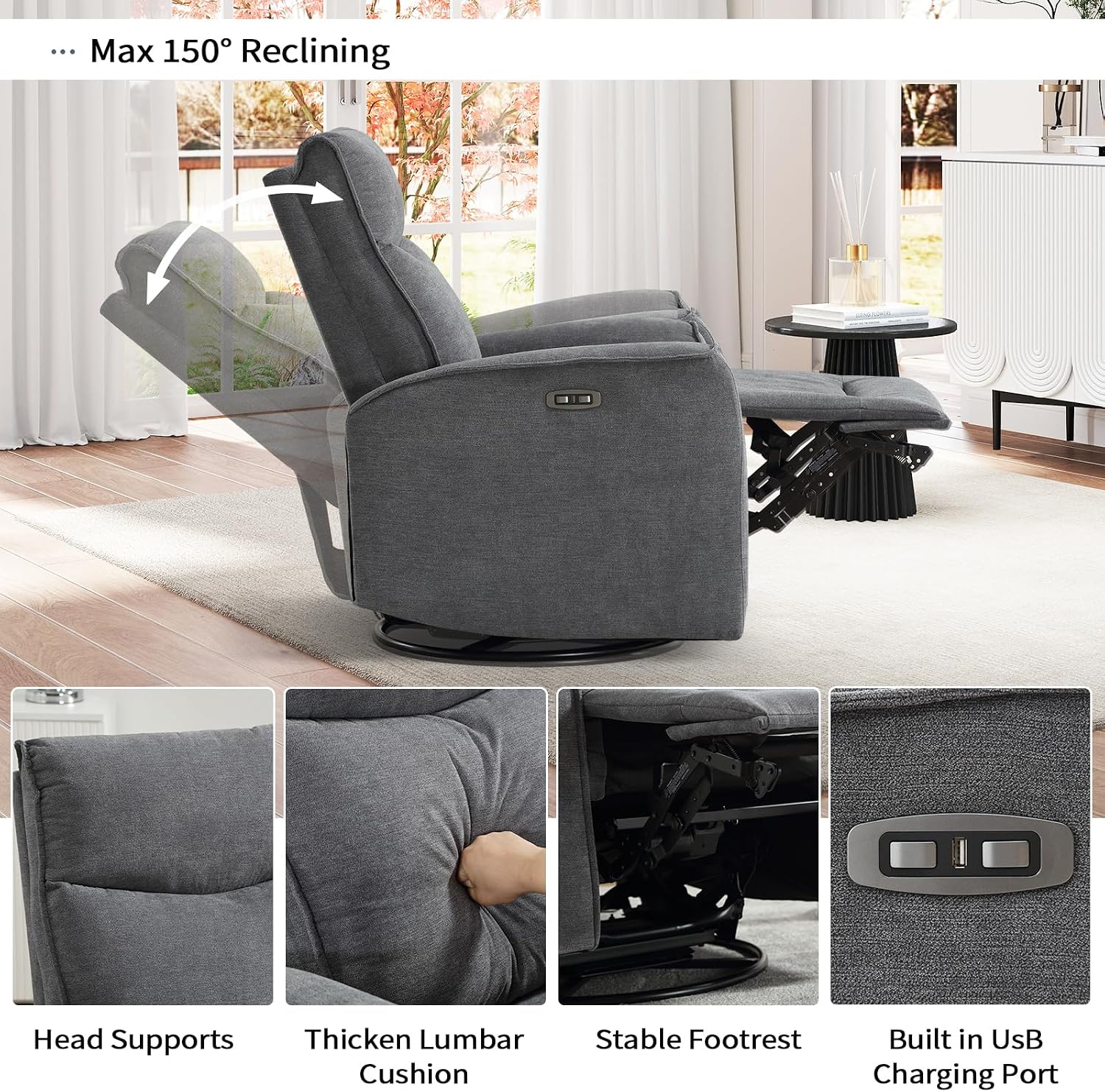 ANJ Power Rocker Recliner Chair with USB Ports, Electric 270° Swivel Glider Recliners, Upholstered Leathaire Rocking Reclining Sofa Nursery Recliner for Living Room, Bedroom (Smoke Gray)