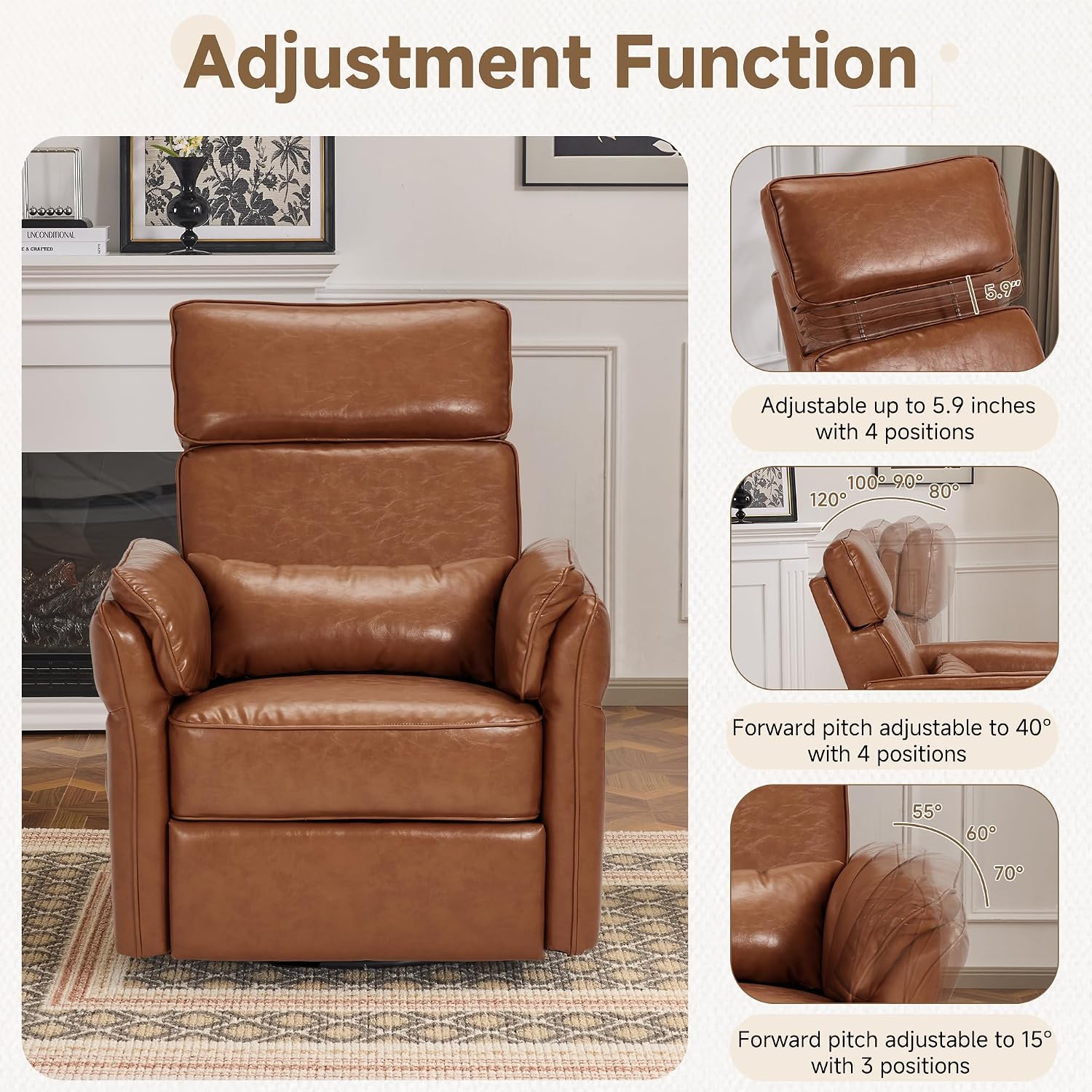 Power Recliner Rocking Chair Nursery Gliders with Adjustable Armrests and Headrest, Swivel Electric Glider Reclining Nursing Chair with USB Port and Storage Bags, FSC Certified (Leather, Brown)