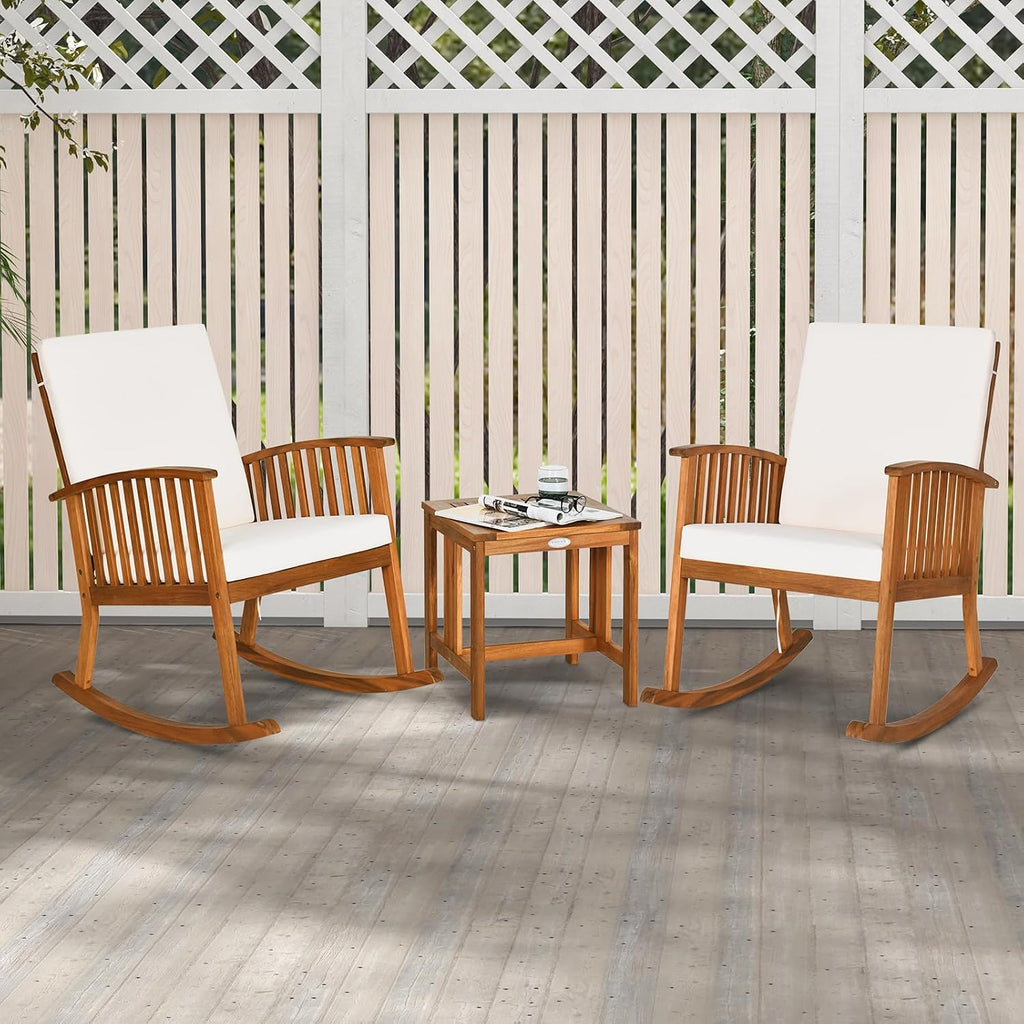 Tangkula 3 Pieces Acacia Wood Rocking Bistro Set, Outdoor Furniture Front Porch Rocker Chairs Conversation Set with Coffee Table and Cushions for Lawn, Balcony, Backyard