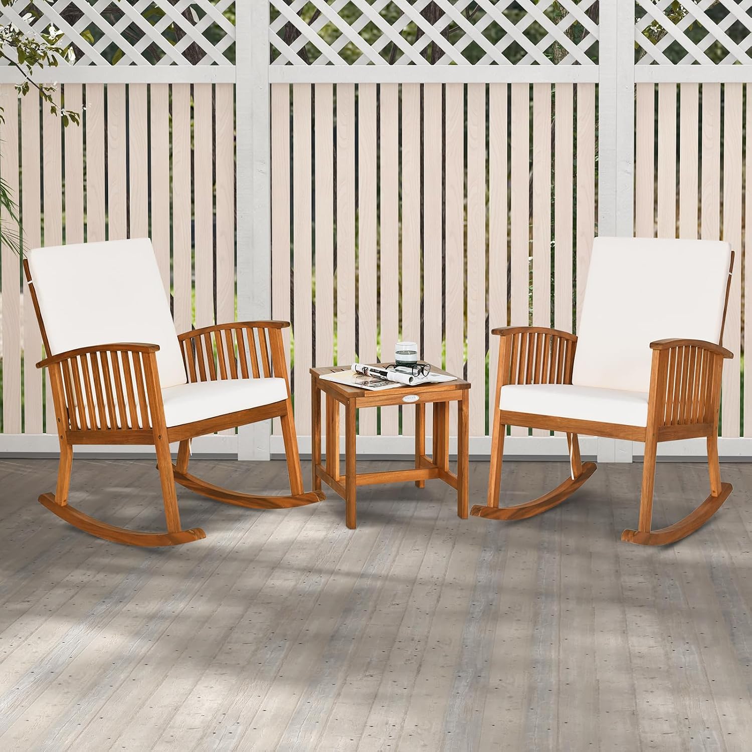 Tangkula 3 Pieces Acacia Wood Rocking Bistro Set, Outdoor Furniture Front Porch Rocker Chairs Conversation Set with Coffee Table and Cushions for Lawn, Balcony, Backyard