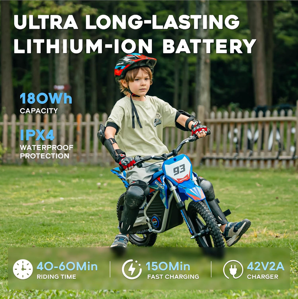 AIII 36V Electric Dirt Bike for Kids 5-10, High Performance 350W Racing Grade Motorcycle, Up to 18.6MPH, 3 Speed Settings, 14-Inch Off-Road Tires, Dual Disc Brakes & Advanced Shock Absorption, Blue