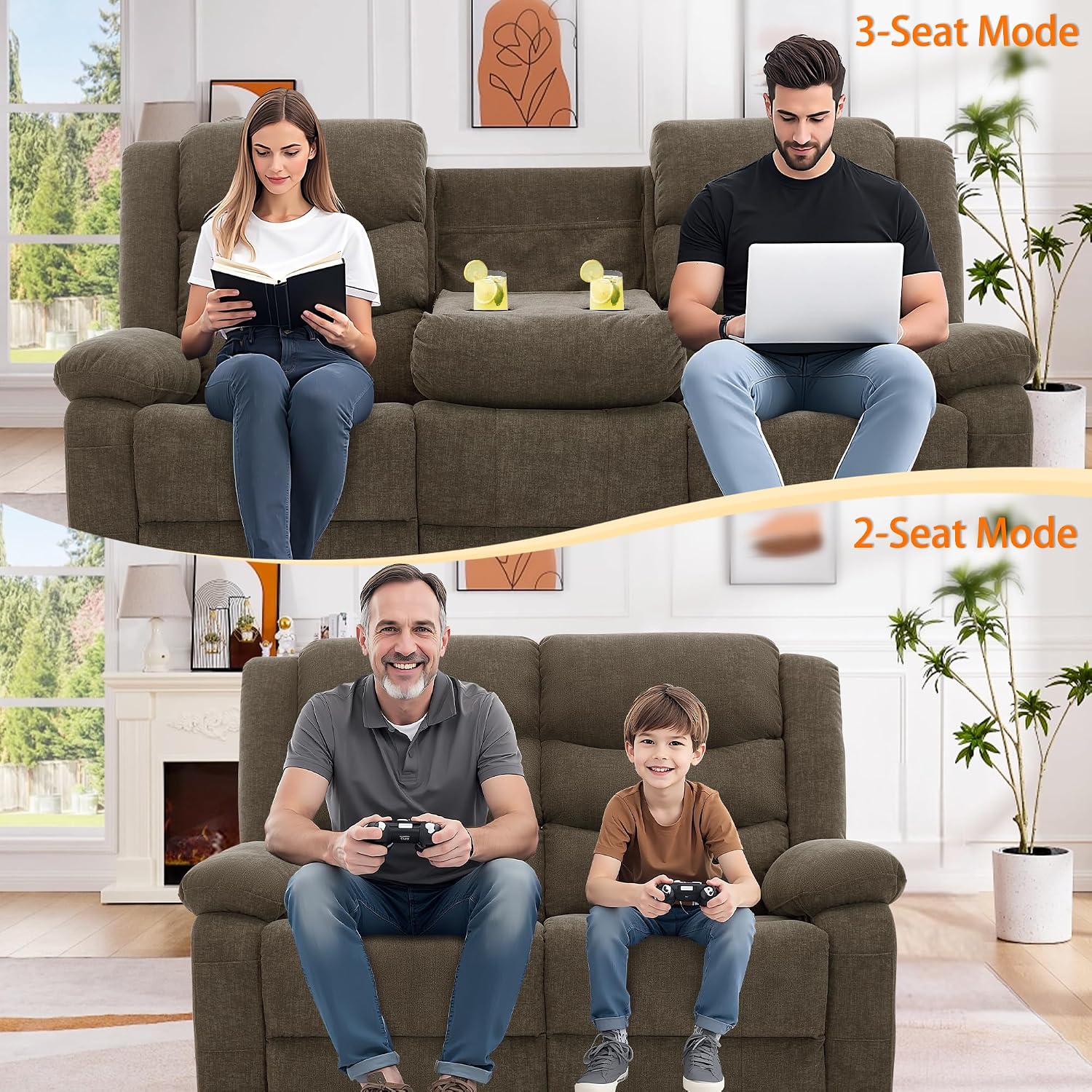 Korser Recliner Sofa, Reclining Loveseat with Console, Oversized Reclining Couch with Drop Down Table, 3-Seater Sofa with Cup Holder and Recessed Power Strip, Brown